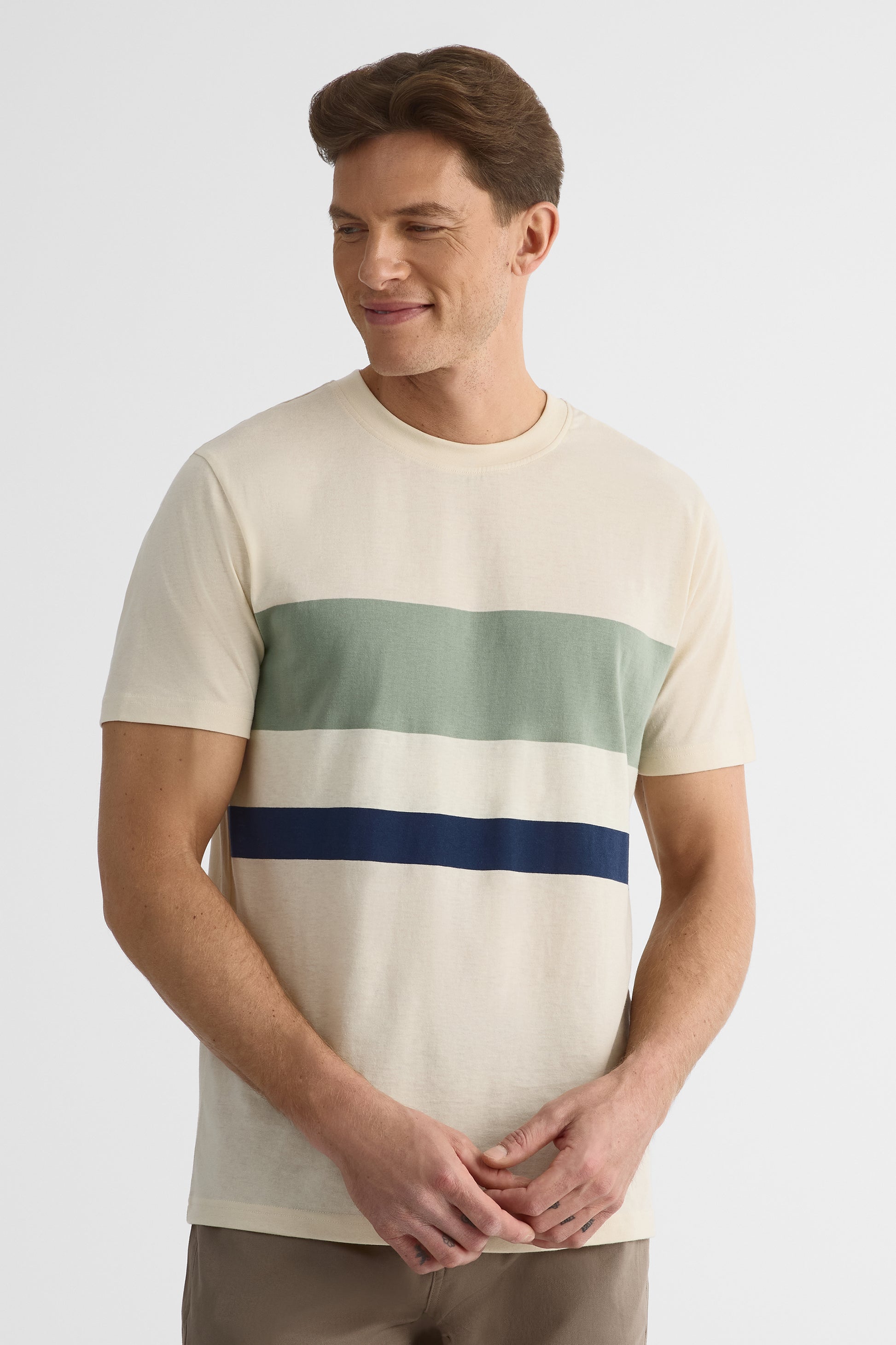 T-shirt rayé col rond en coton - Homme && BEIGE/MULTI