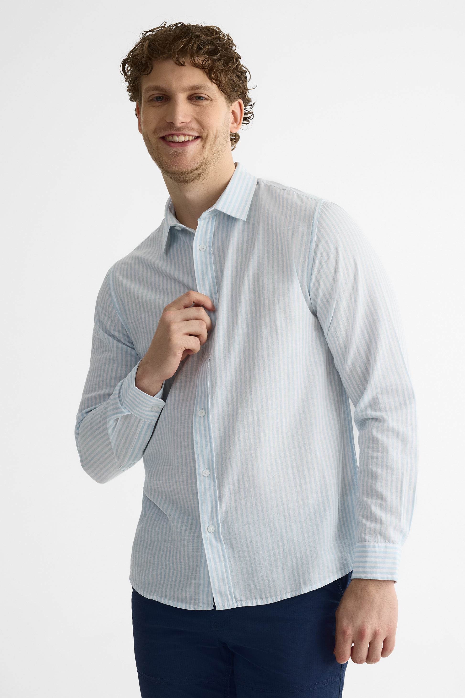 Chemise rayée à manches longues – Homme && BLEU MULTI