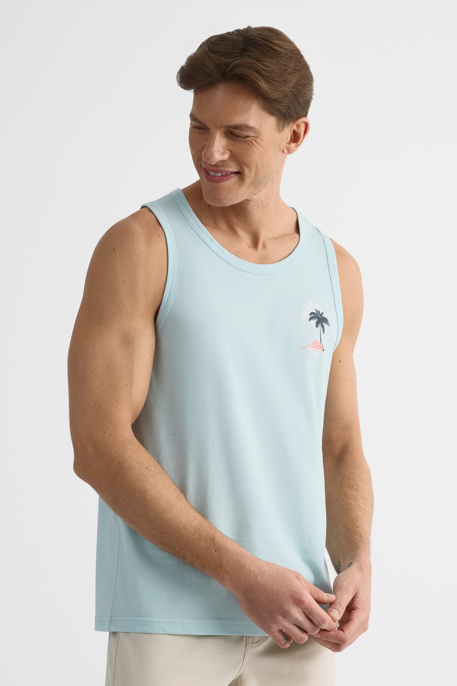 Camisole graphique col rond en coton - Homme && BLEU