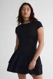 Robe courte à volants en popeline - Femme && NOIR