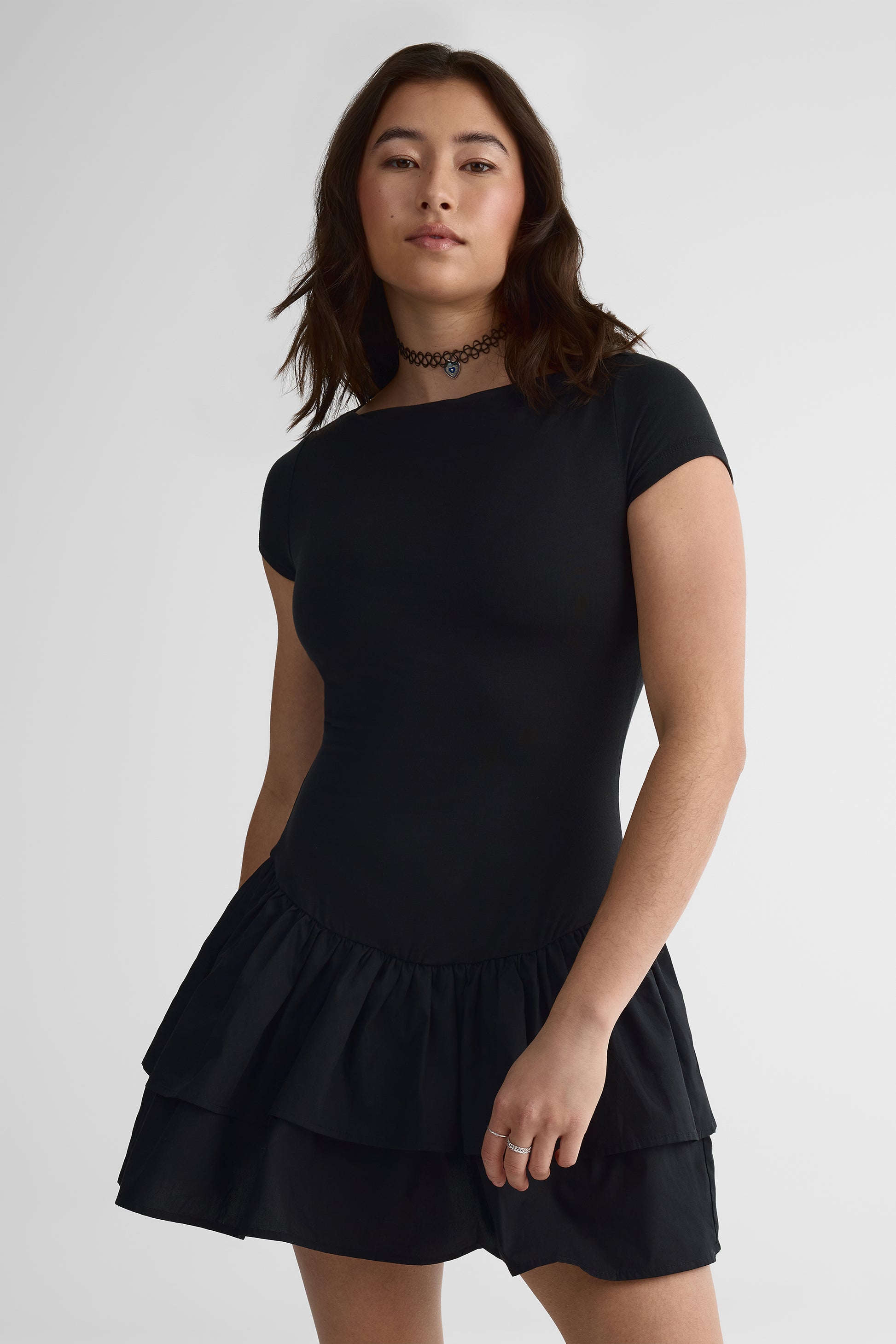 Robe courte à volants en popeline - Femme && NOIR
