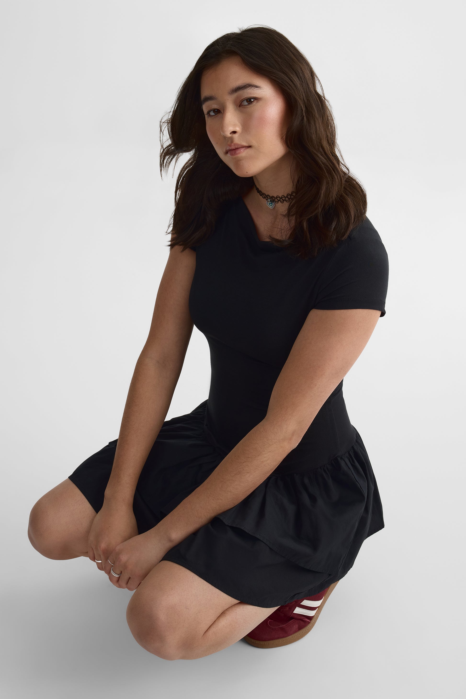 Robe courte à volants en popeline - Femme && NOIR