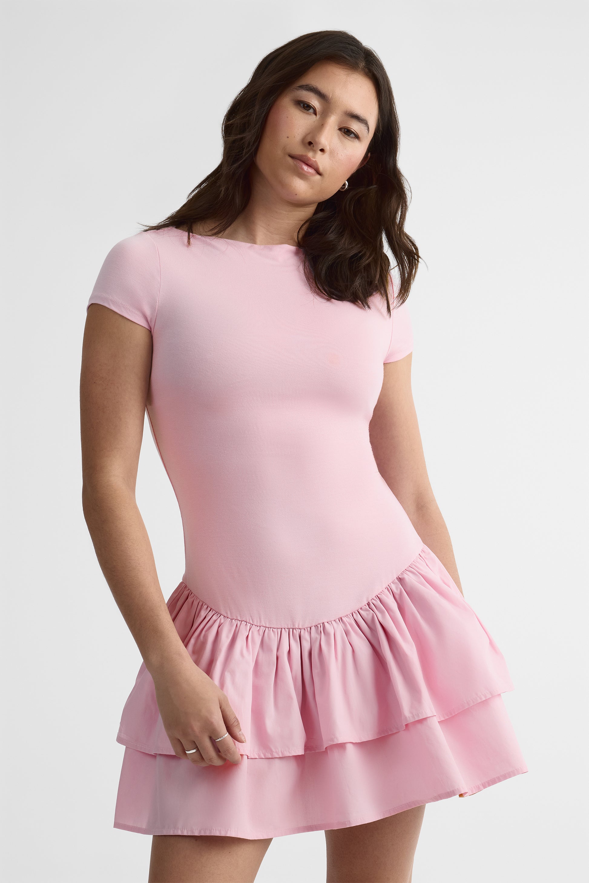 Robe courte à volants en popeline - Femme && VIEUX ROSE