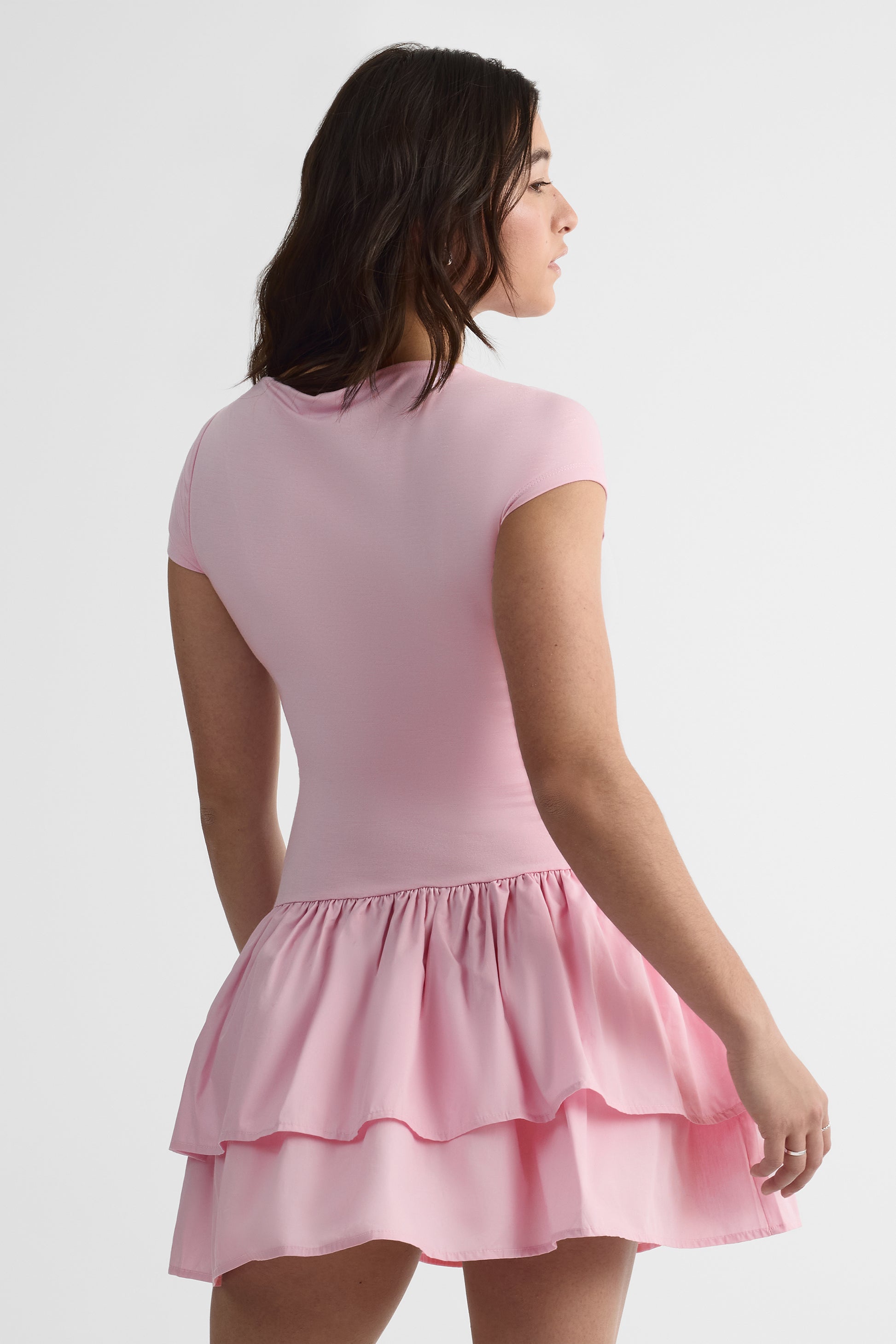 Robe courte à volants en popeline - Femme && VIEUX ROSE