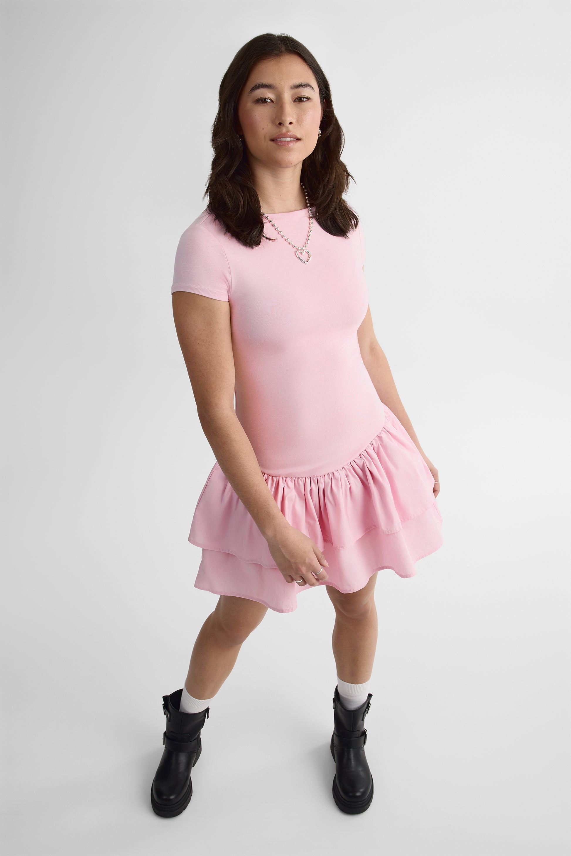 Robe courte à volants en popeline - Femme && VIEUX ROSE