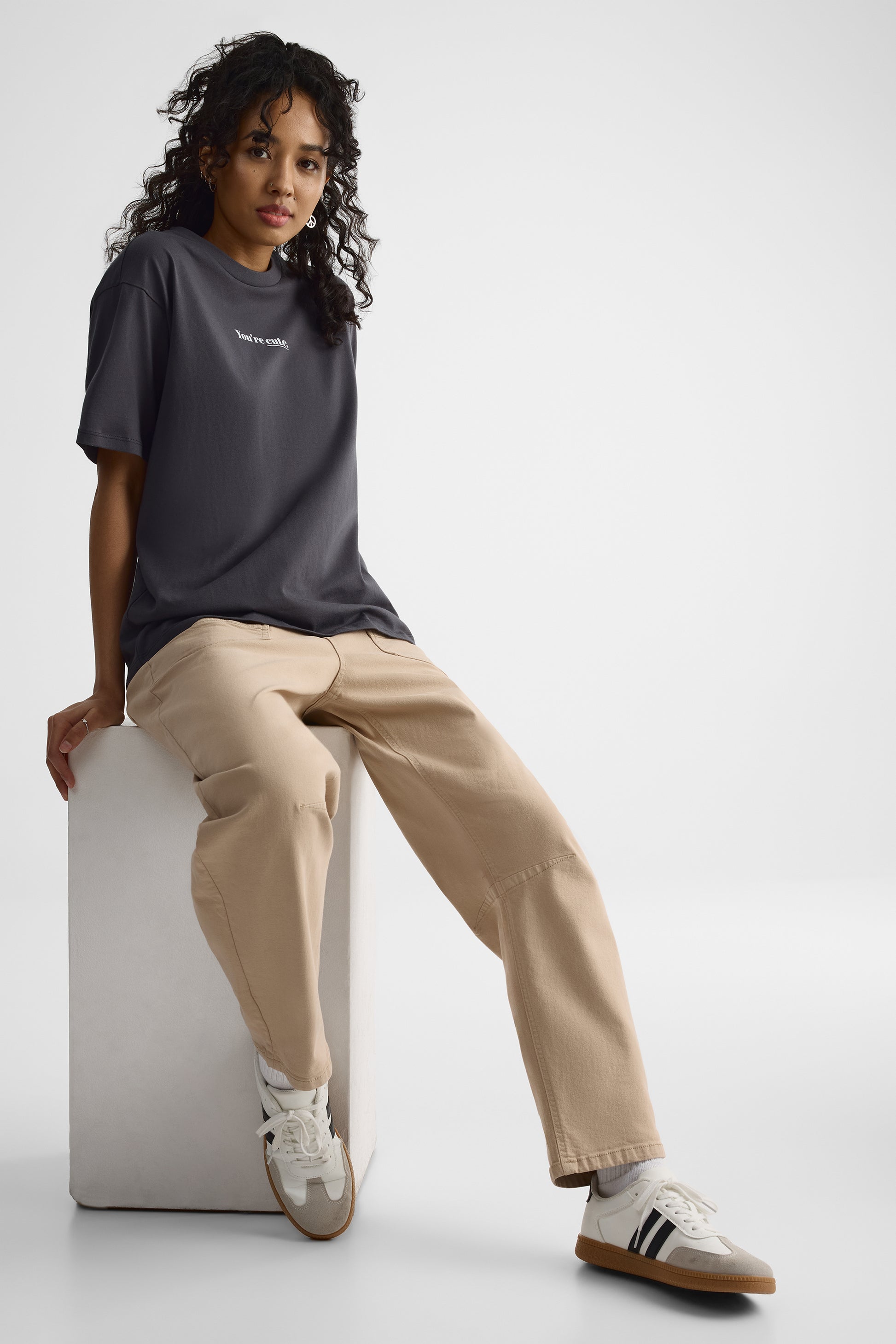 Pantalon Barrel taille haute en denim - Femme && BEIGE