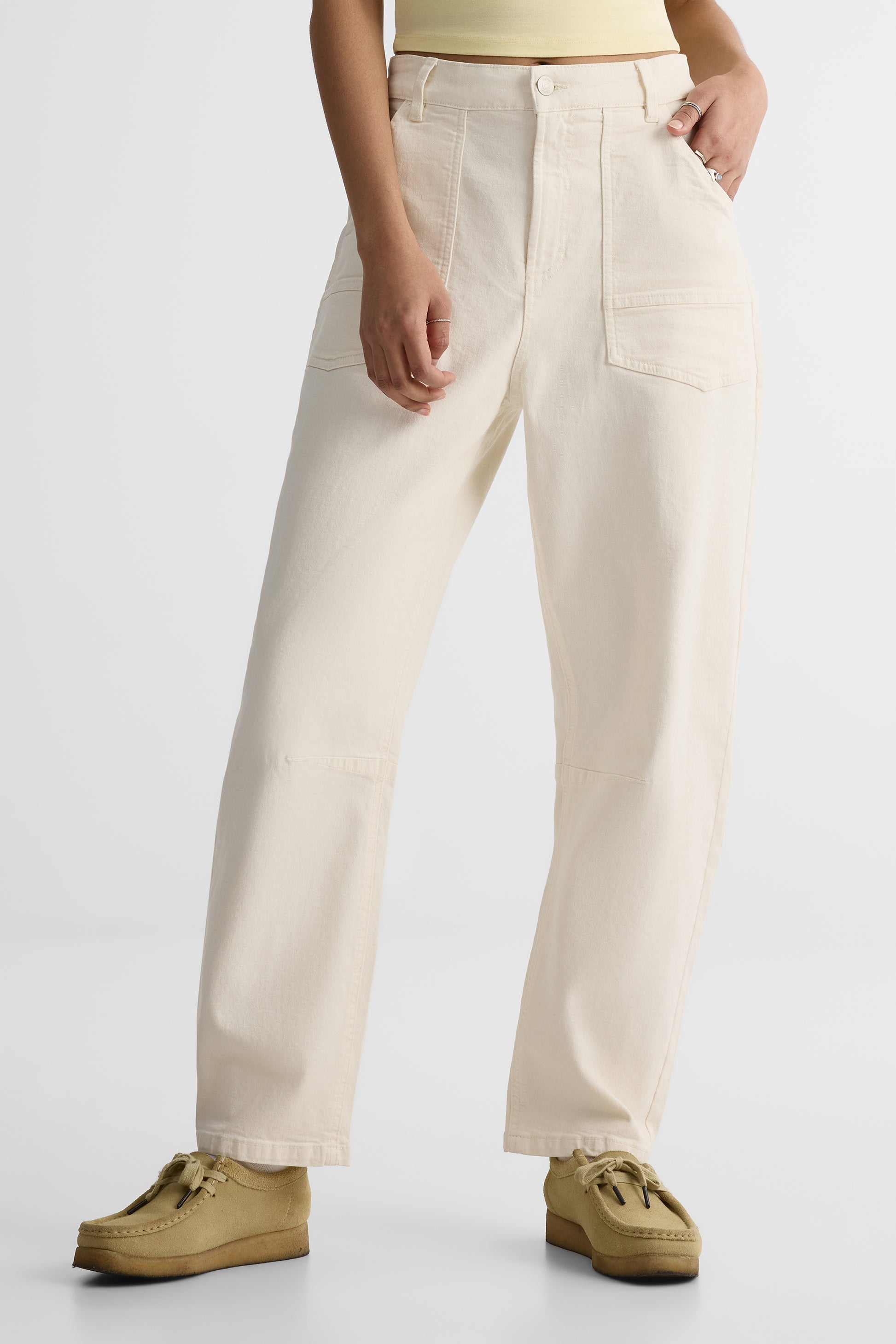 Pantalon Barrel taille haute en denim - Femme && BLANC CASSÉ