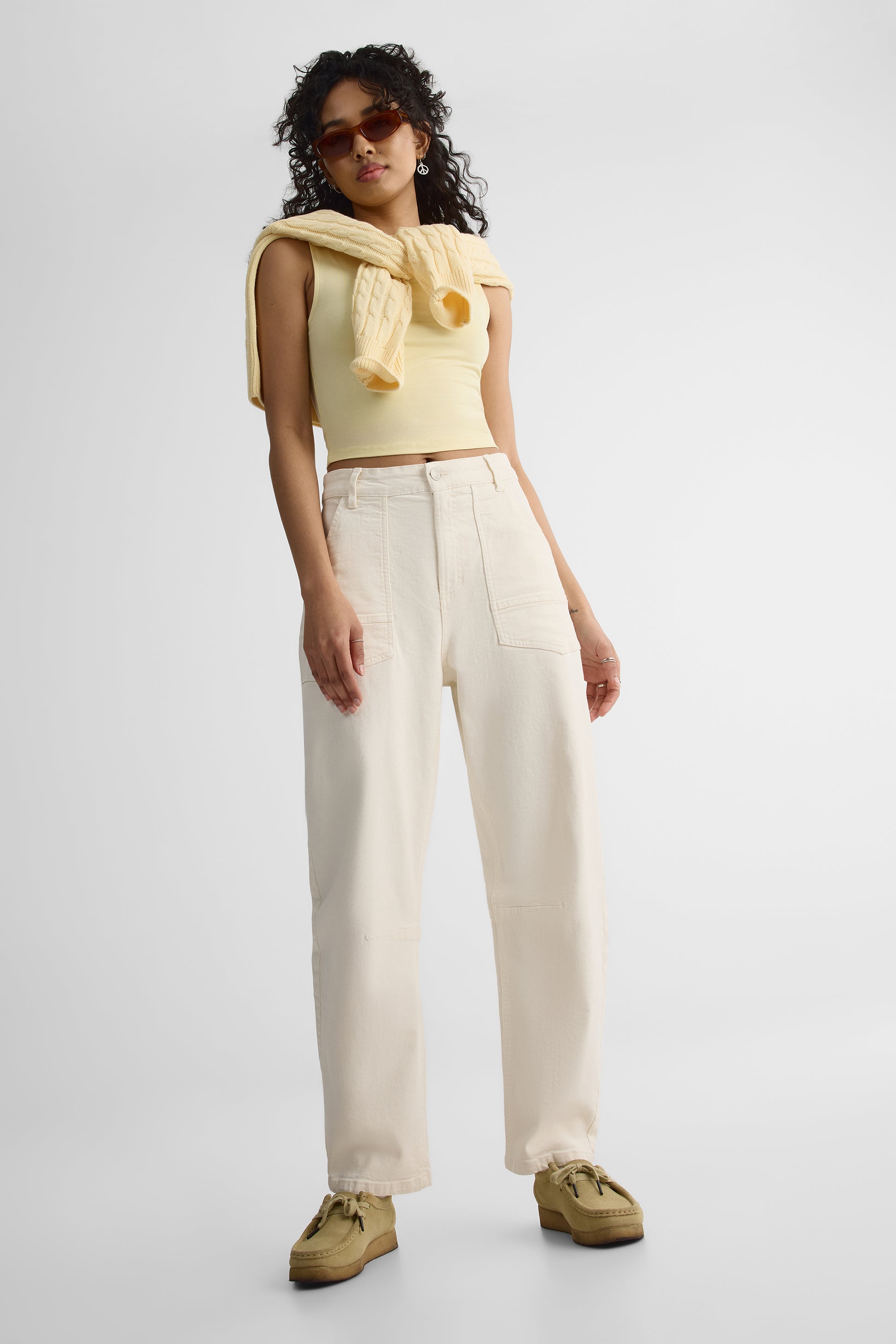 Pantalon Barrel taille haute en denim - Femme && BLANC CASSÉ