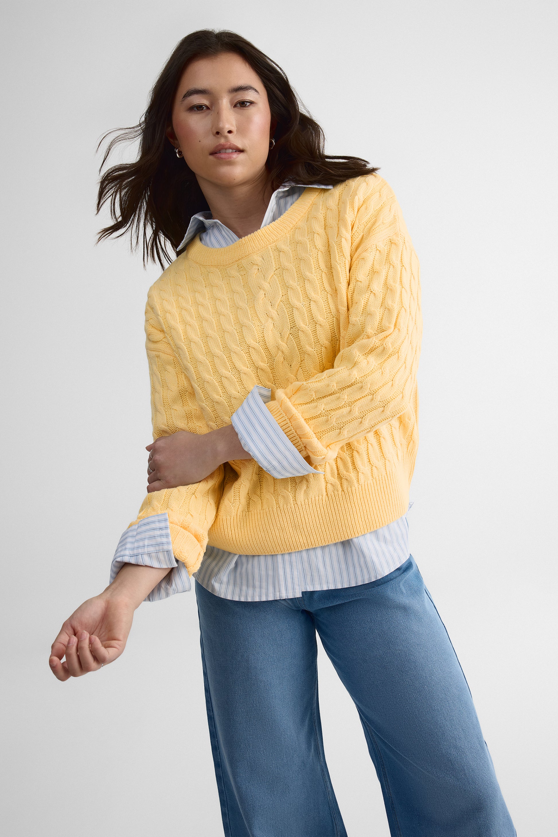 Chandail tricot col rond, manches longues – Femme && JAUNE