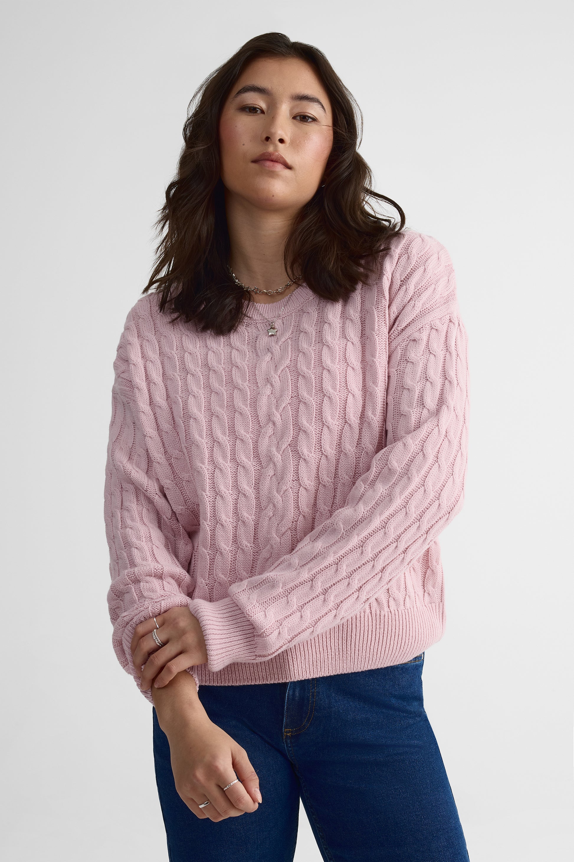 Chandail tricot col rond, manches longues – Femme && VIEUX ROSE