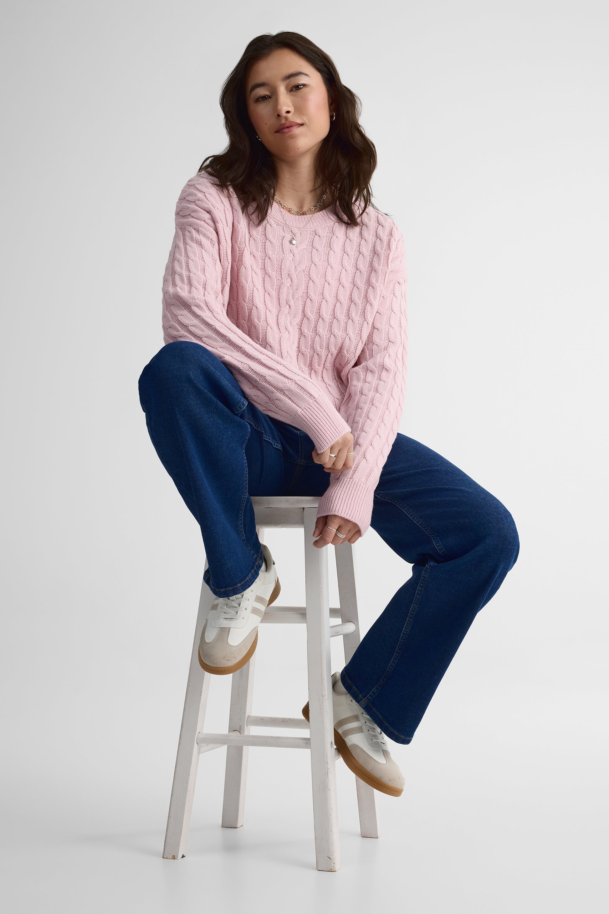 Chandail tricot col rond, manches longues – Femme && VIEUX ROSE