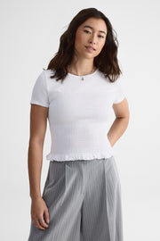 Chandail smocké col rond en coton - Femme && BLANC
