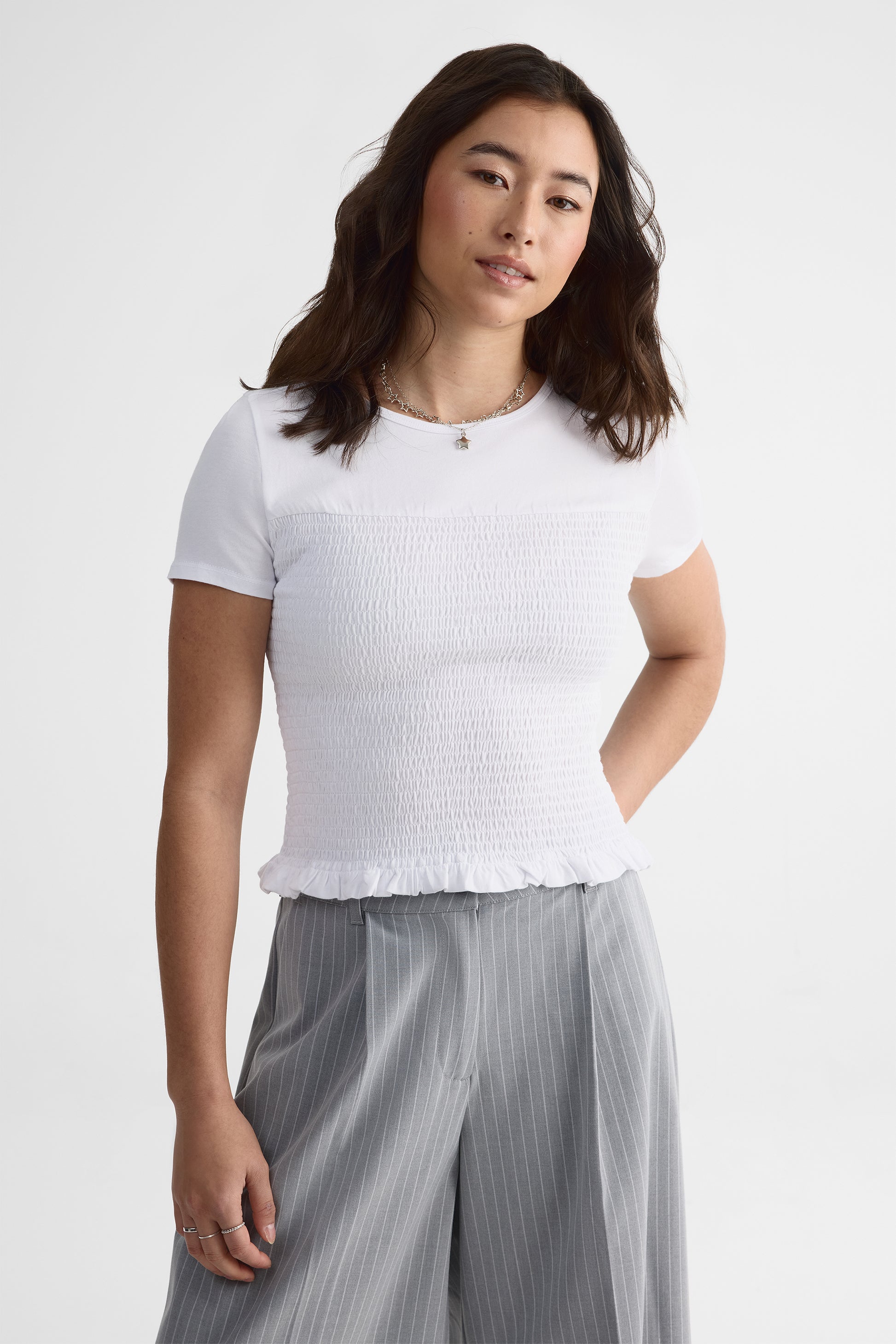 Chandail smocké col rond en coton - Femme && BLANC