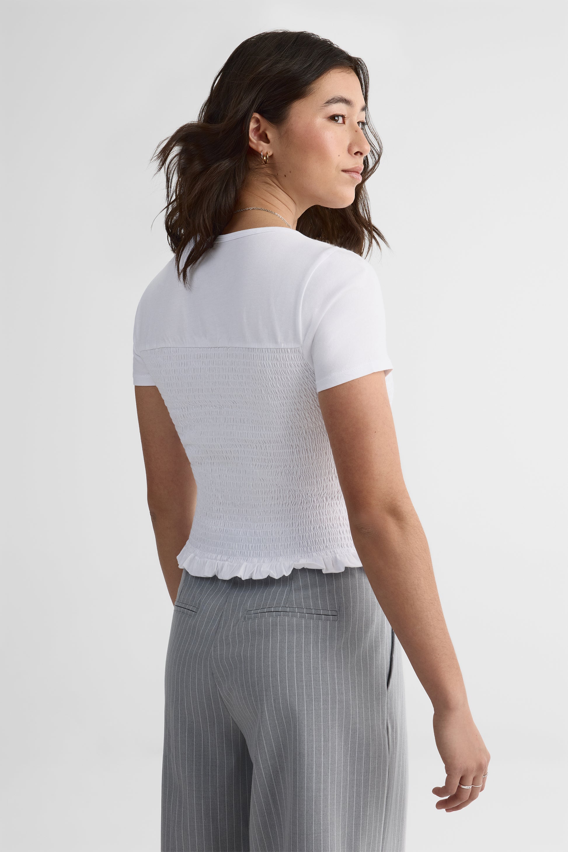 Chandail smocké col rond en coton - Femme && BLANC