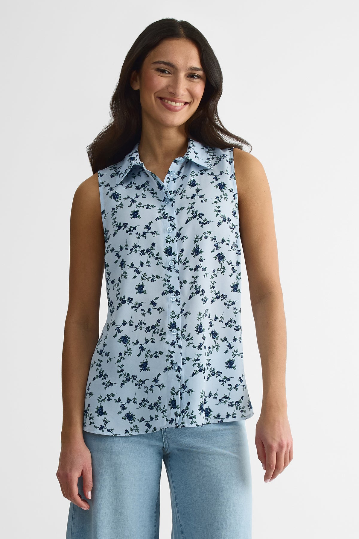 Chemisier hi-low à boutons en georgette - Femme && BLEU MULTI