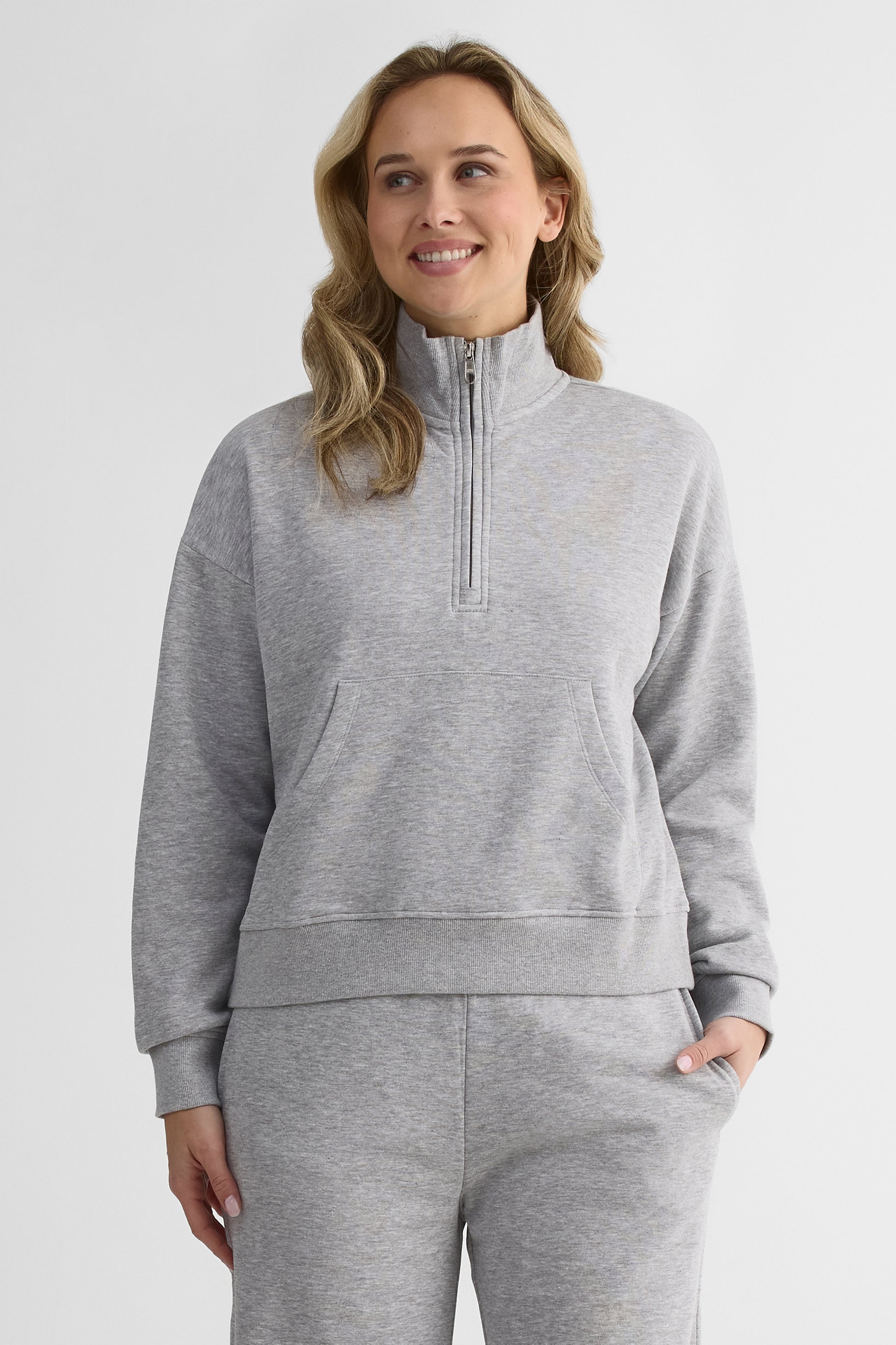 Chandail ouaté demi-zip avec poche – Femme && GRIS MIXTE