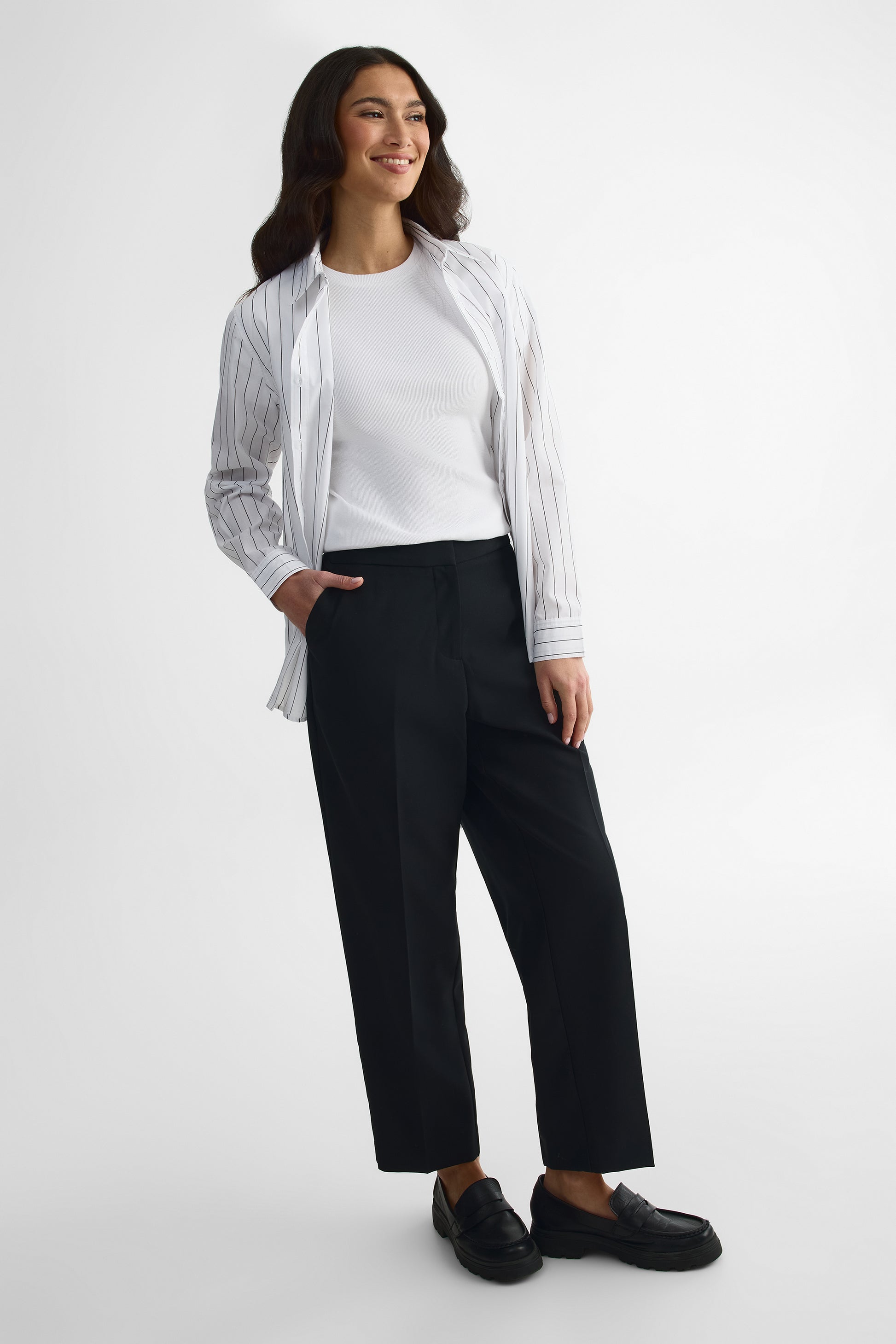 Pantalon taille construite en crépe extensible - Femme && NOIR