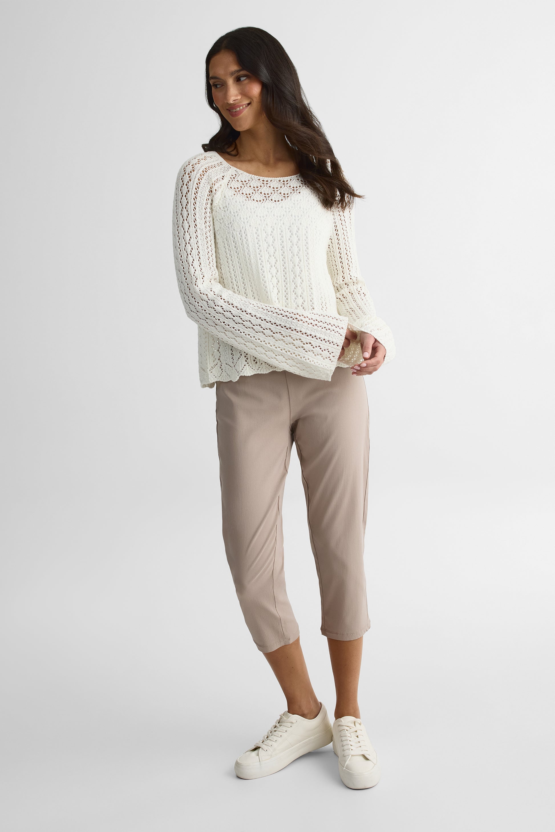 Pantalon capri slim uni et imprimé – Femme && TAUPE