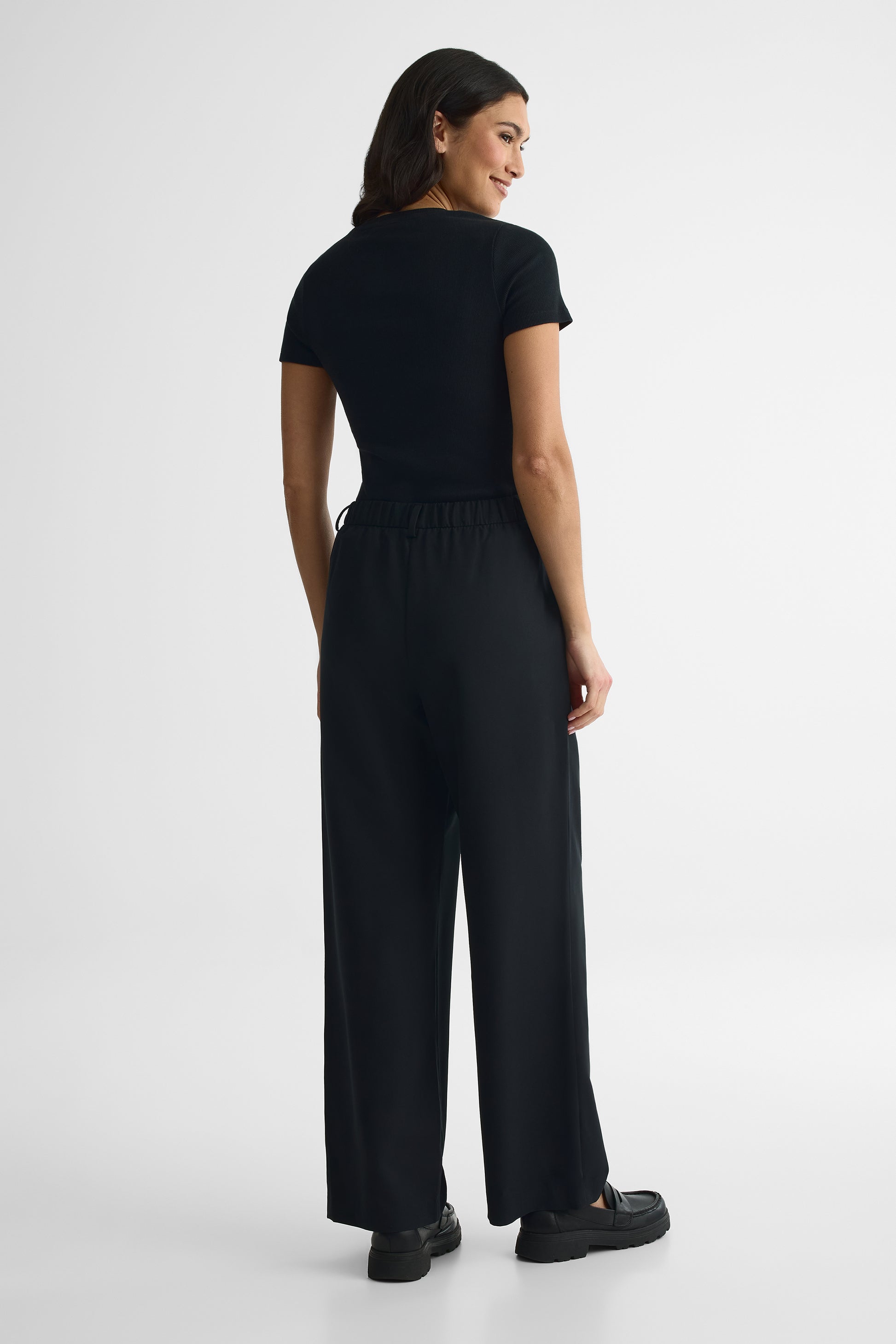 Pantalon pull-on élastique jambe large – Femme && NOIR