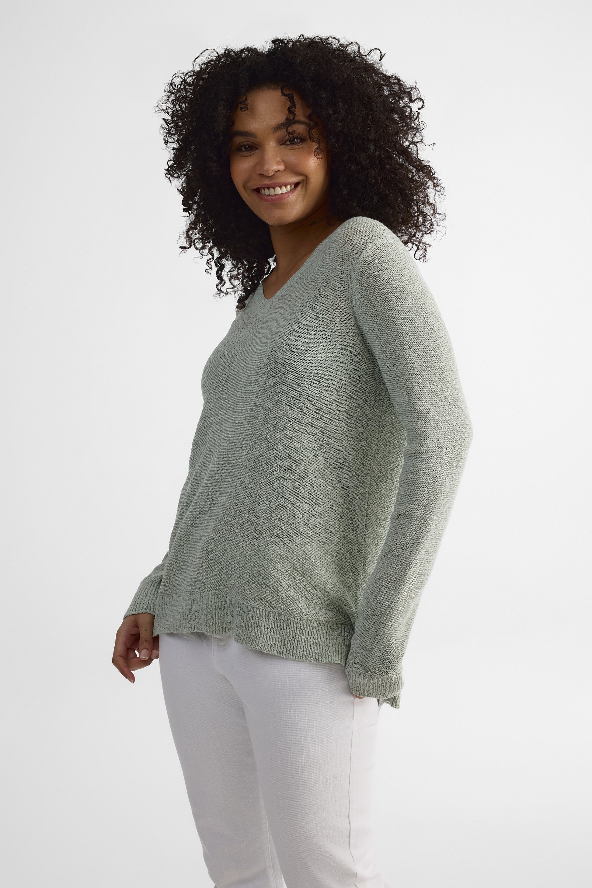Chandail tricot col V, manches longues – Femme && VERT MIXTE
