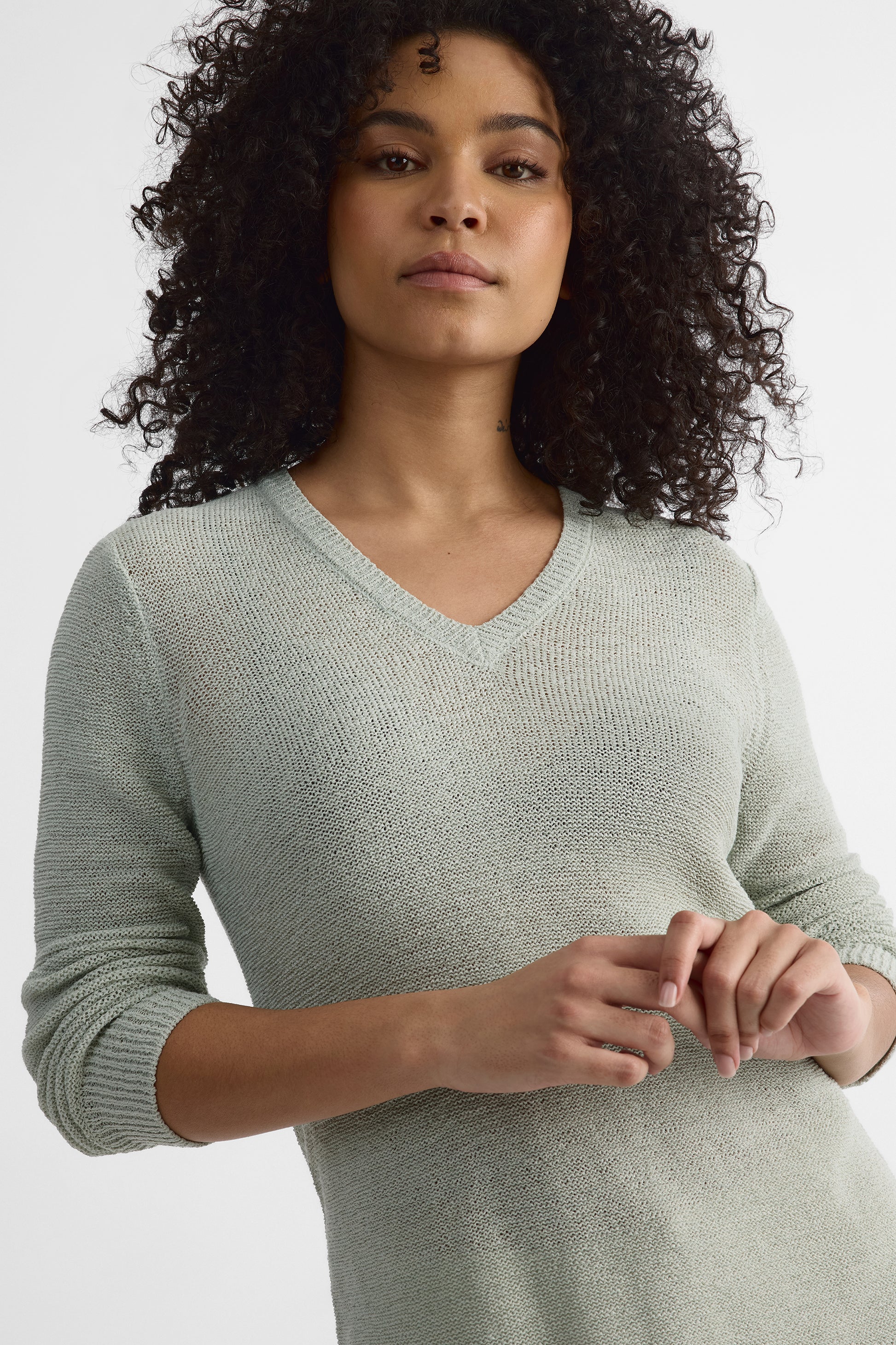 Chandail tricot col V, manches longues – Femme && VERT MIXTE