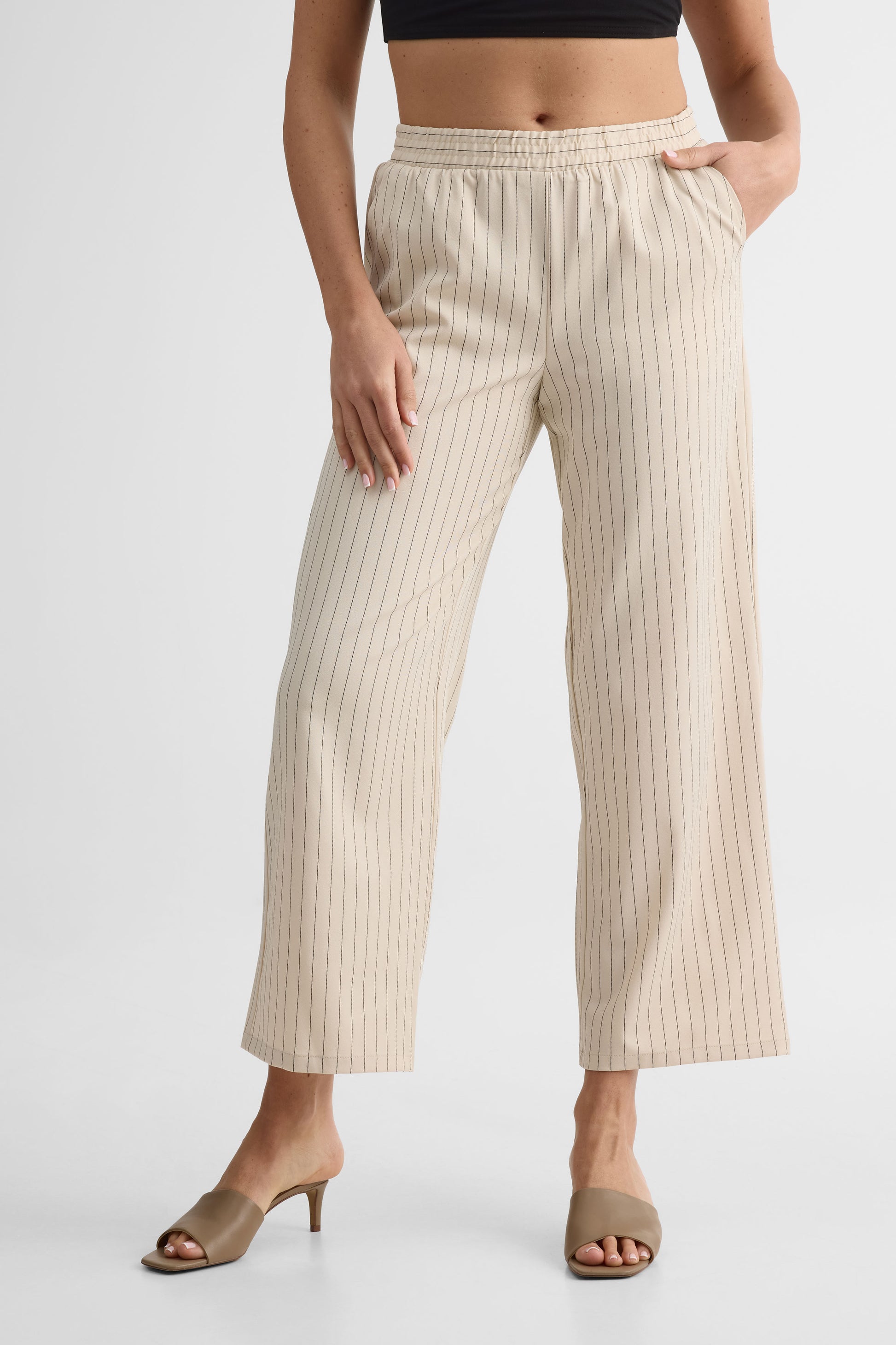 Pantalon pull-on rayé, jambe large – Femme && BLANC CASSÉ/MULTI