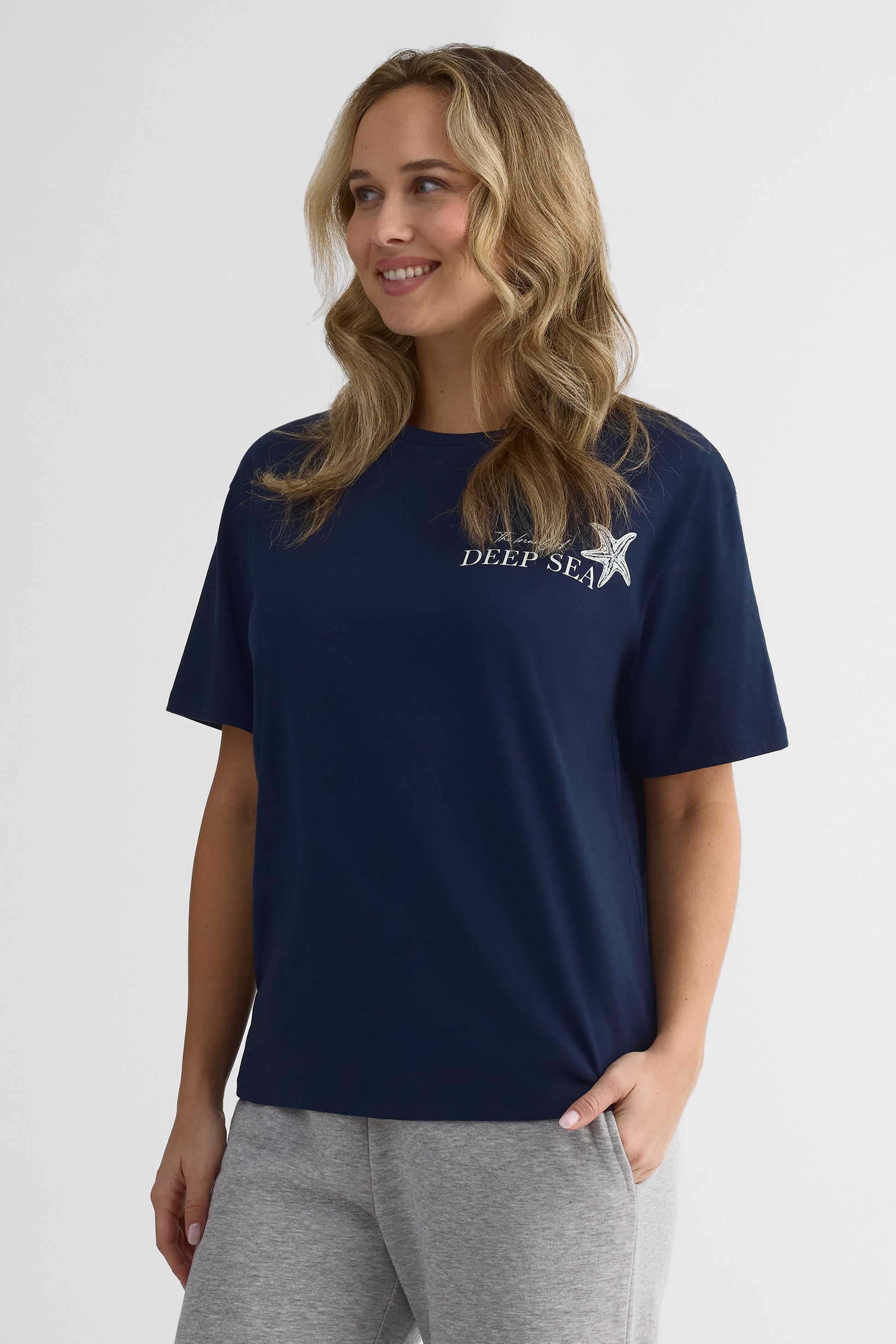 Chandail M/courtes oversize en coton-polyester - Femme && MARIN