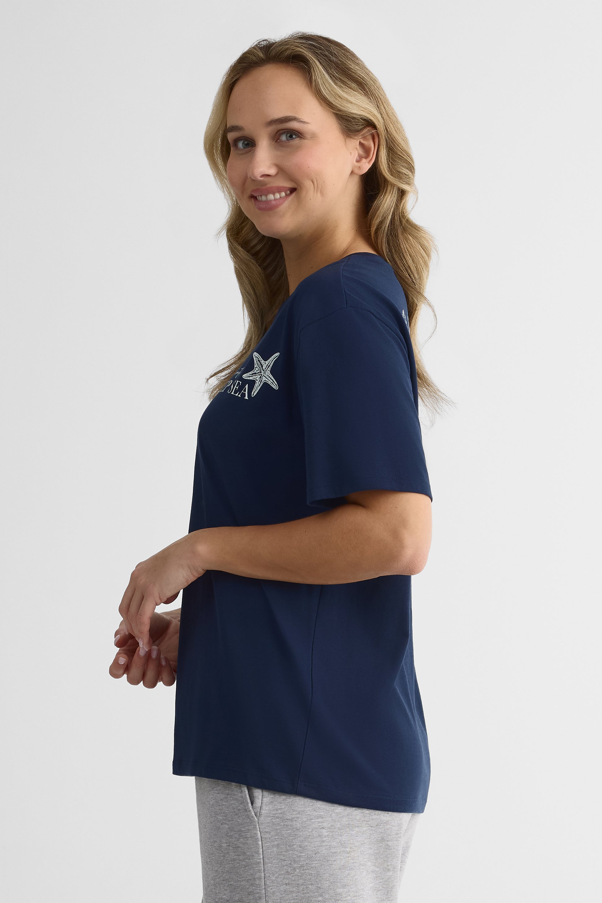 Chandail M/courtes oversize en coton-polyester - Femme && MARIN