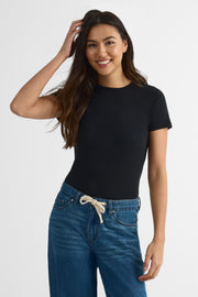 Chandail ajusté m/courtes en coton uni - Femme && NOIR