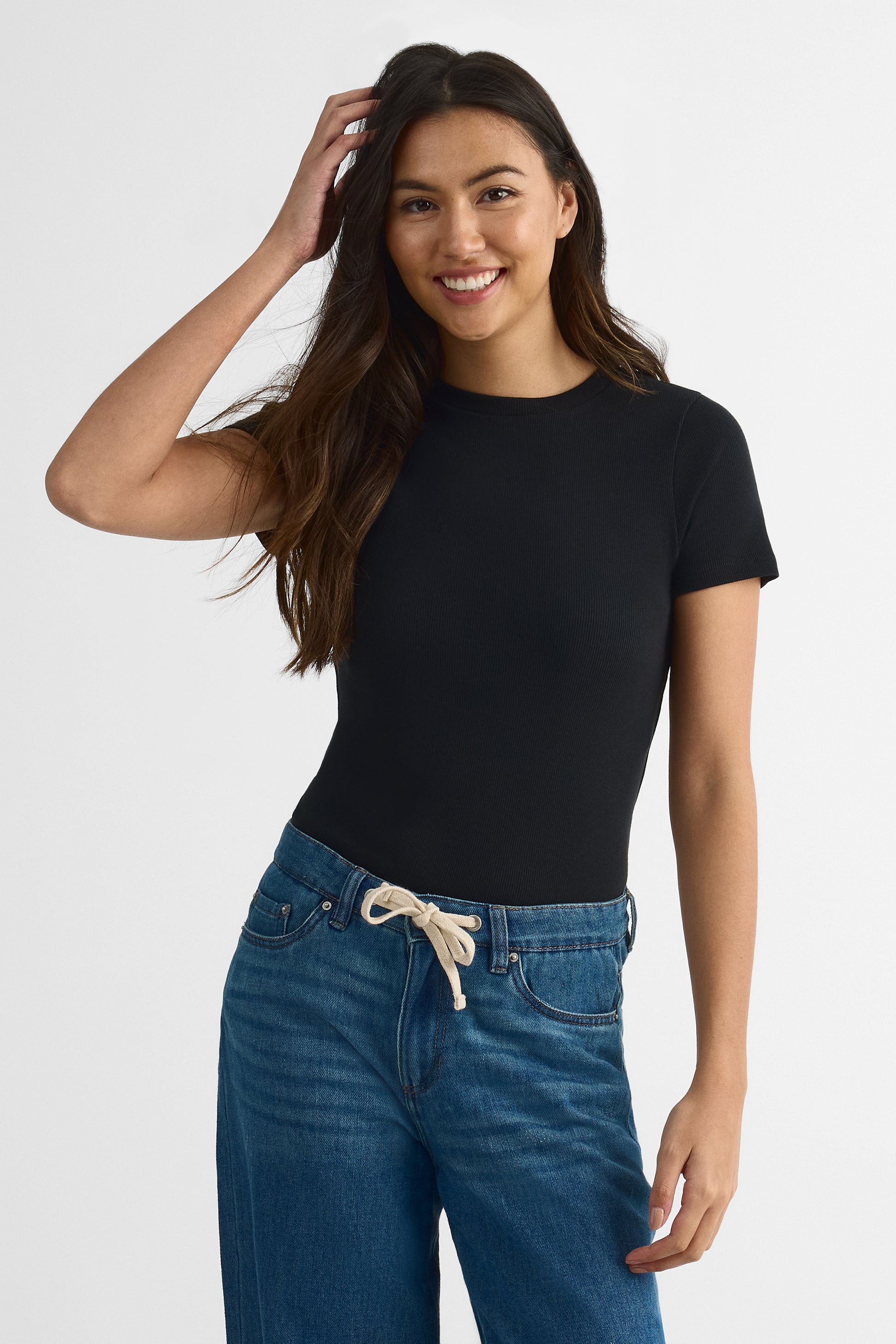 Chandail ajusté m/courtes en coton uni - Femme && NOIR