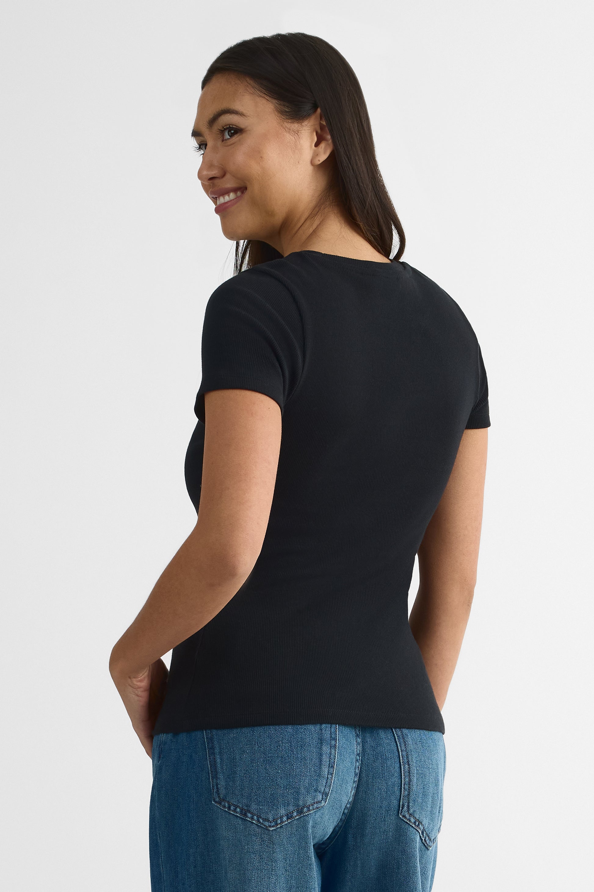 Chandail ajusté m/courtes en coton uni - Femme && NOIR