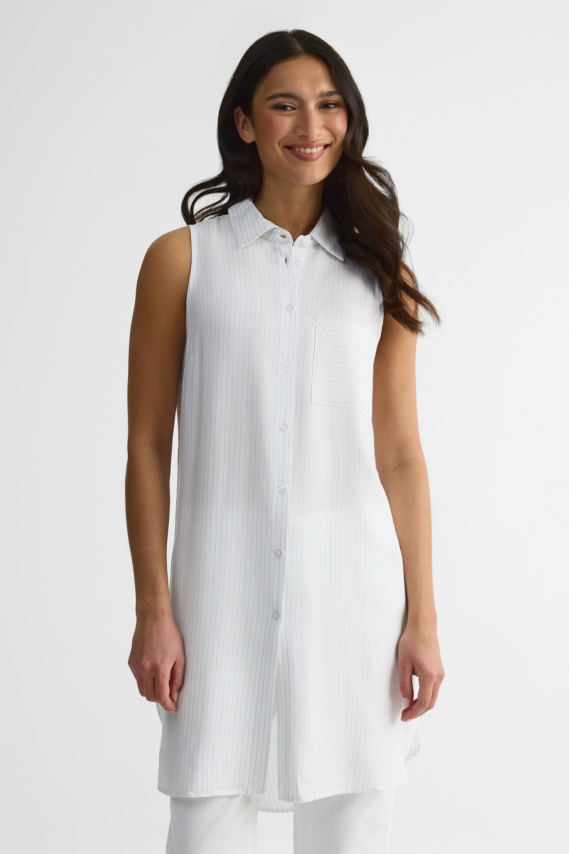 Chemisier long à rayures en viscose - Femme && BLANC MULTI