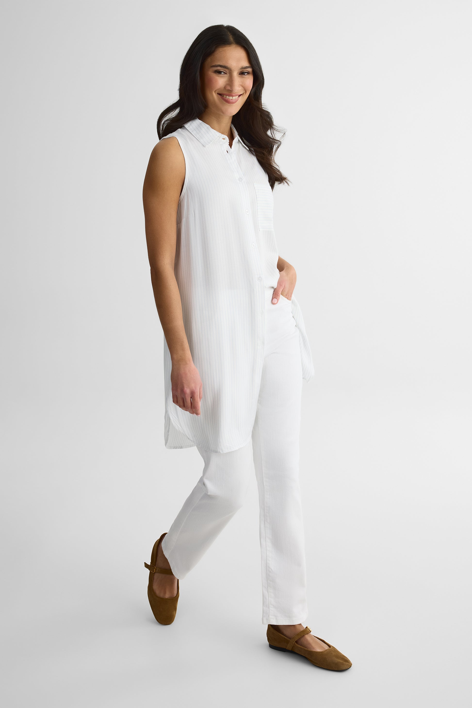 Chemisier long à rayures en viscose - Femme && BLANC MULTI