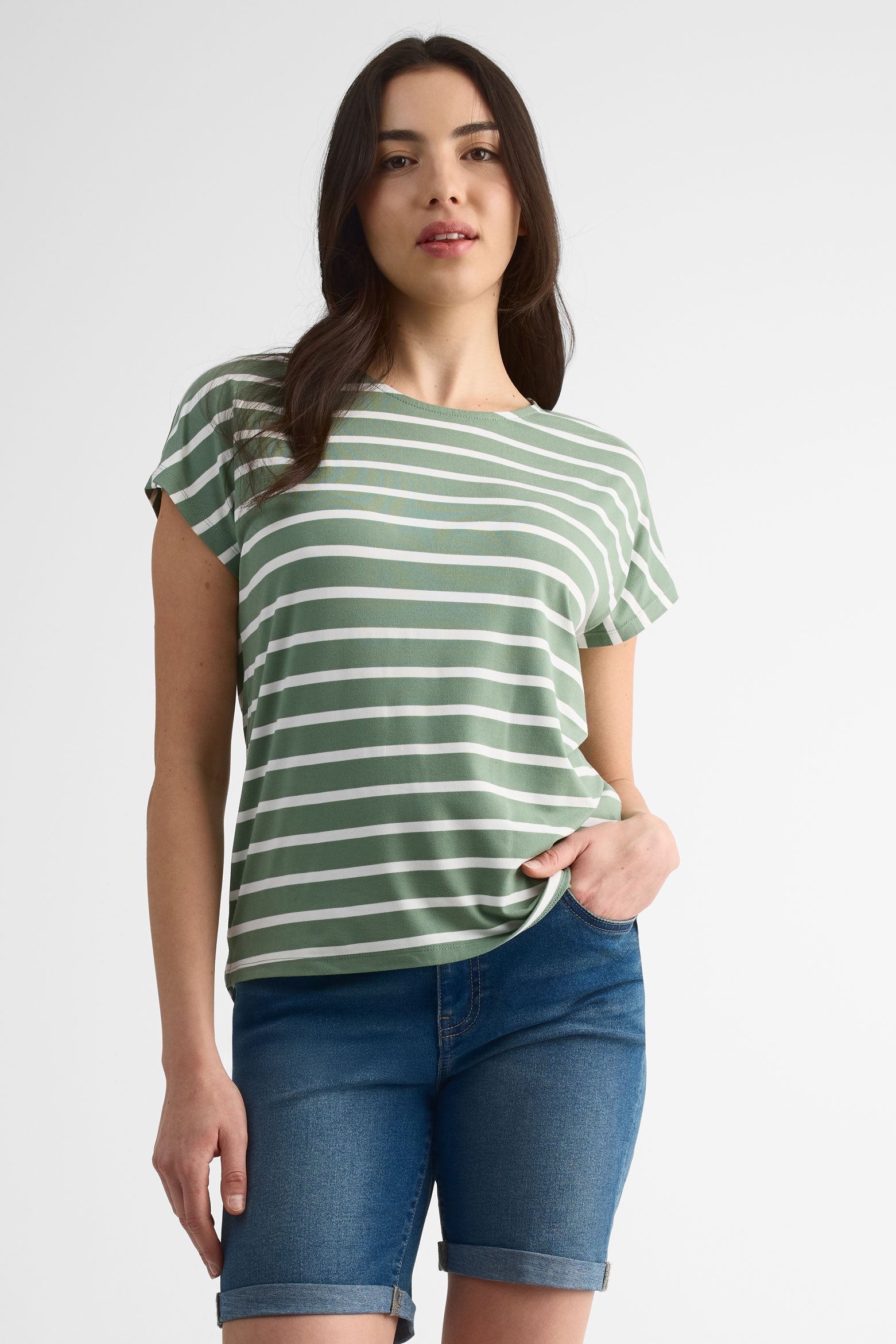 Chandail M/courtes rayé en jersey – Femme && VERT/MULTI