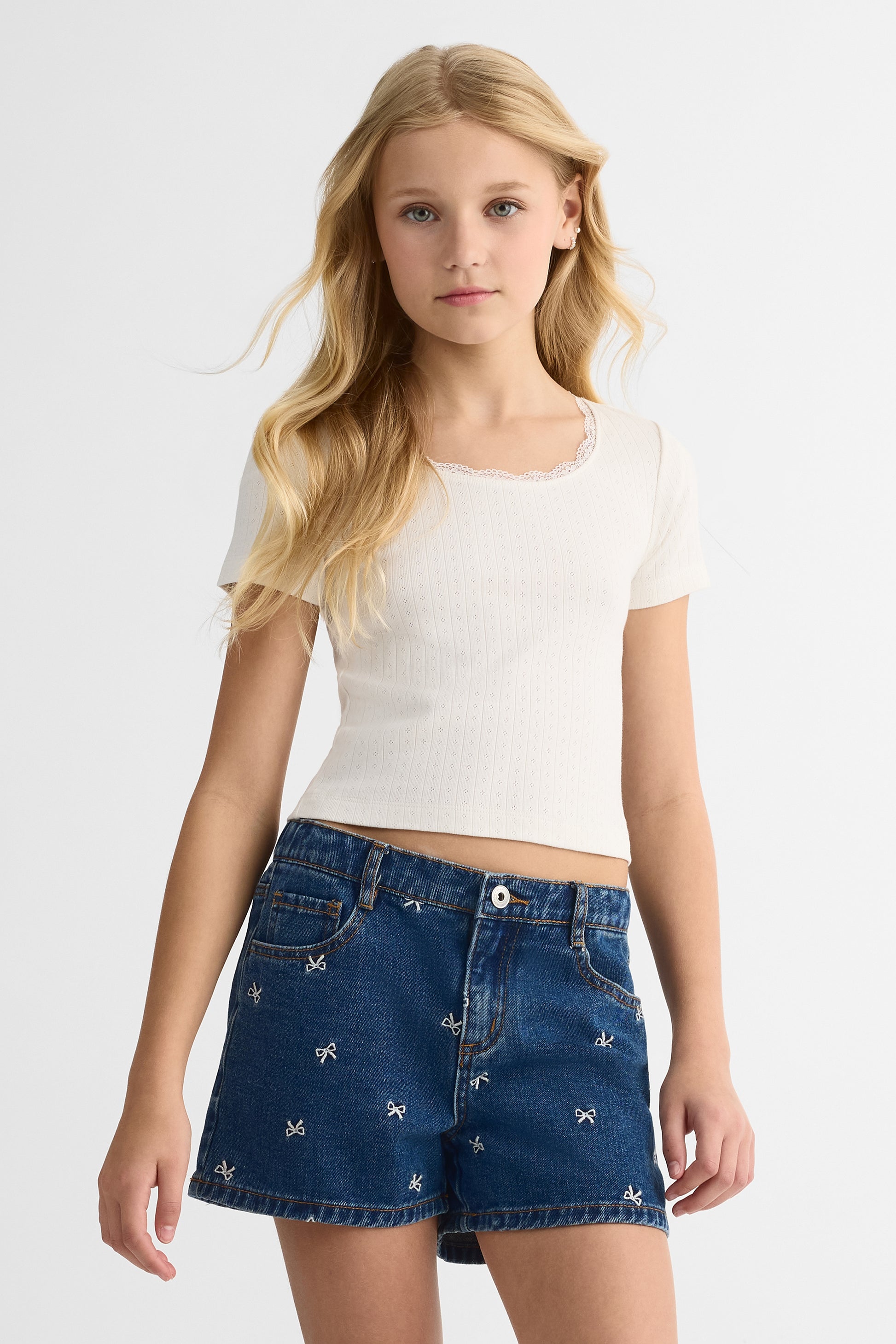 Chandail manches courtes en dentelle - Ado fille && BEIGE