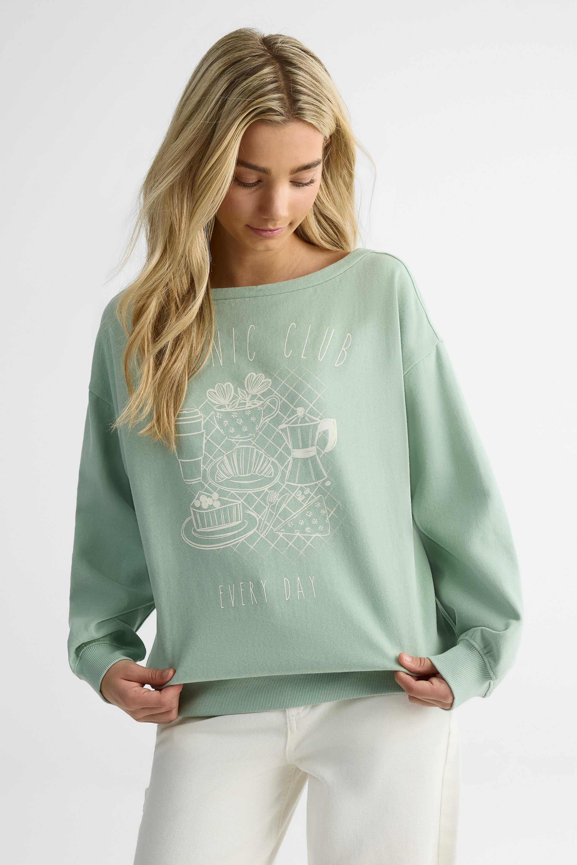 Chandail ouaté graphique, manches longues - Ado fille && VERT