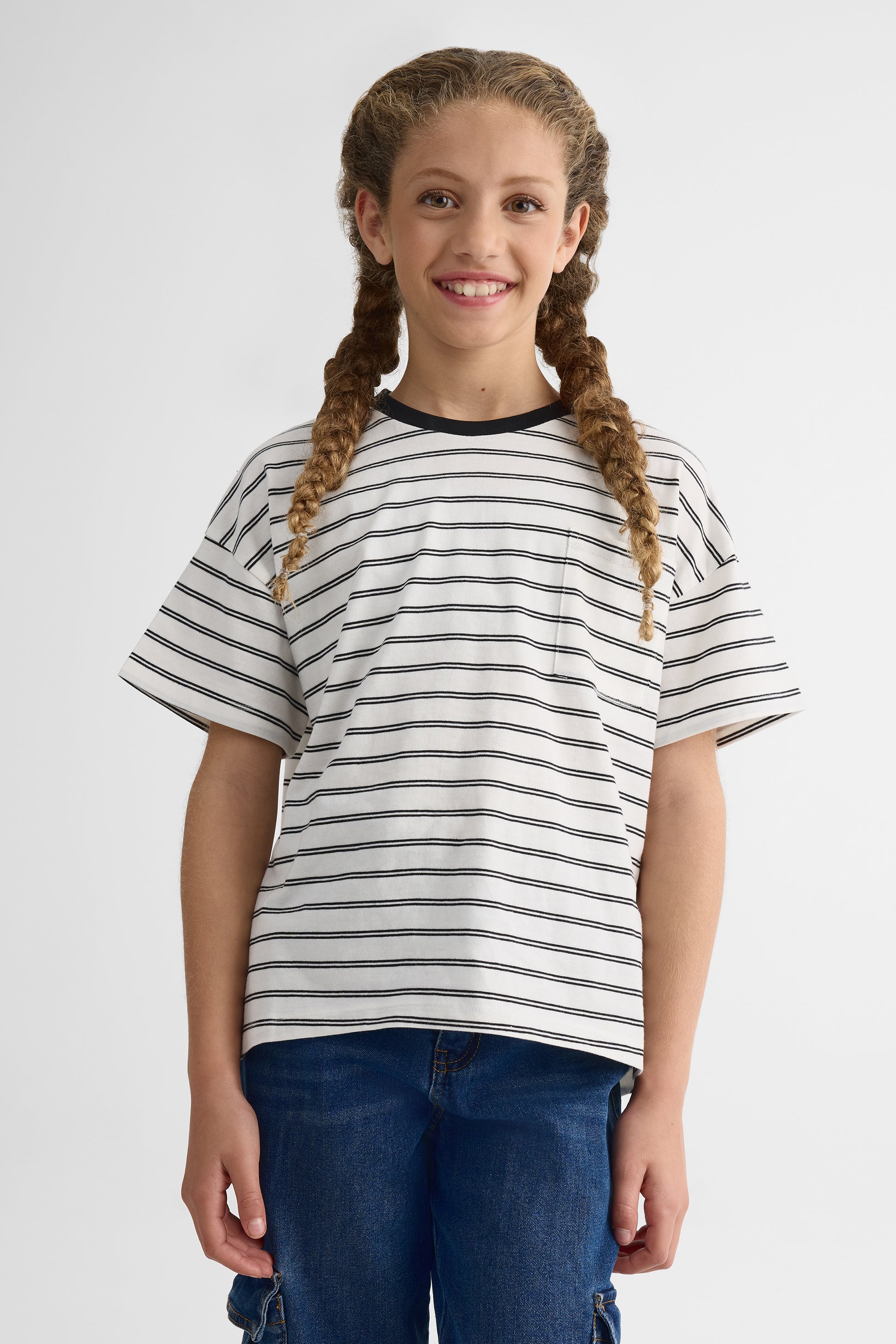 T-shirt rayé à manches courtes – Ado fille && BLANC MULTI