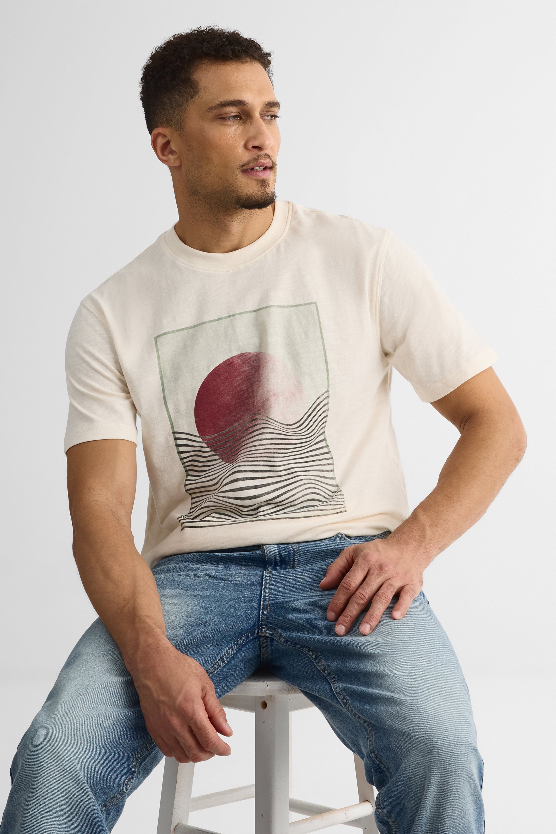 T-shirt graphique col rond manches courtes - Homme && BEIGE