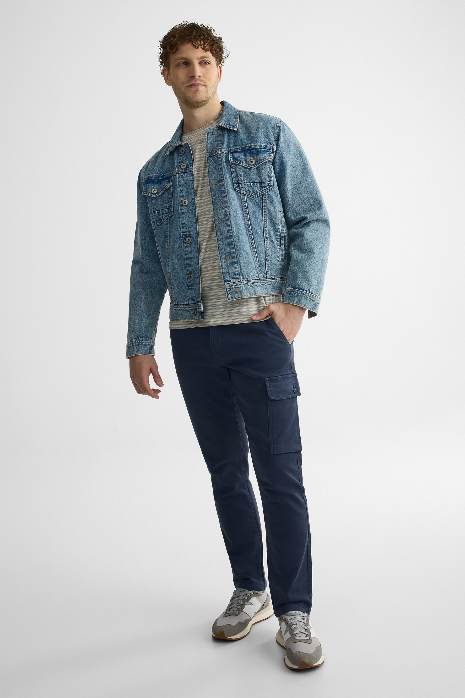 T-shirt rayé à col rond avec poche – Homme && GRIS MULTI