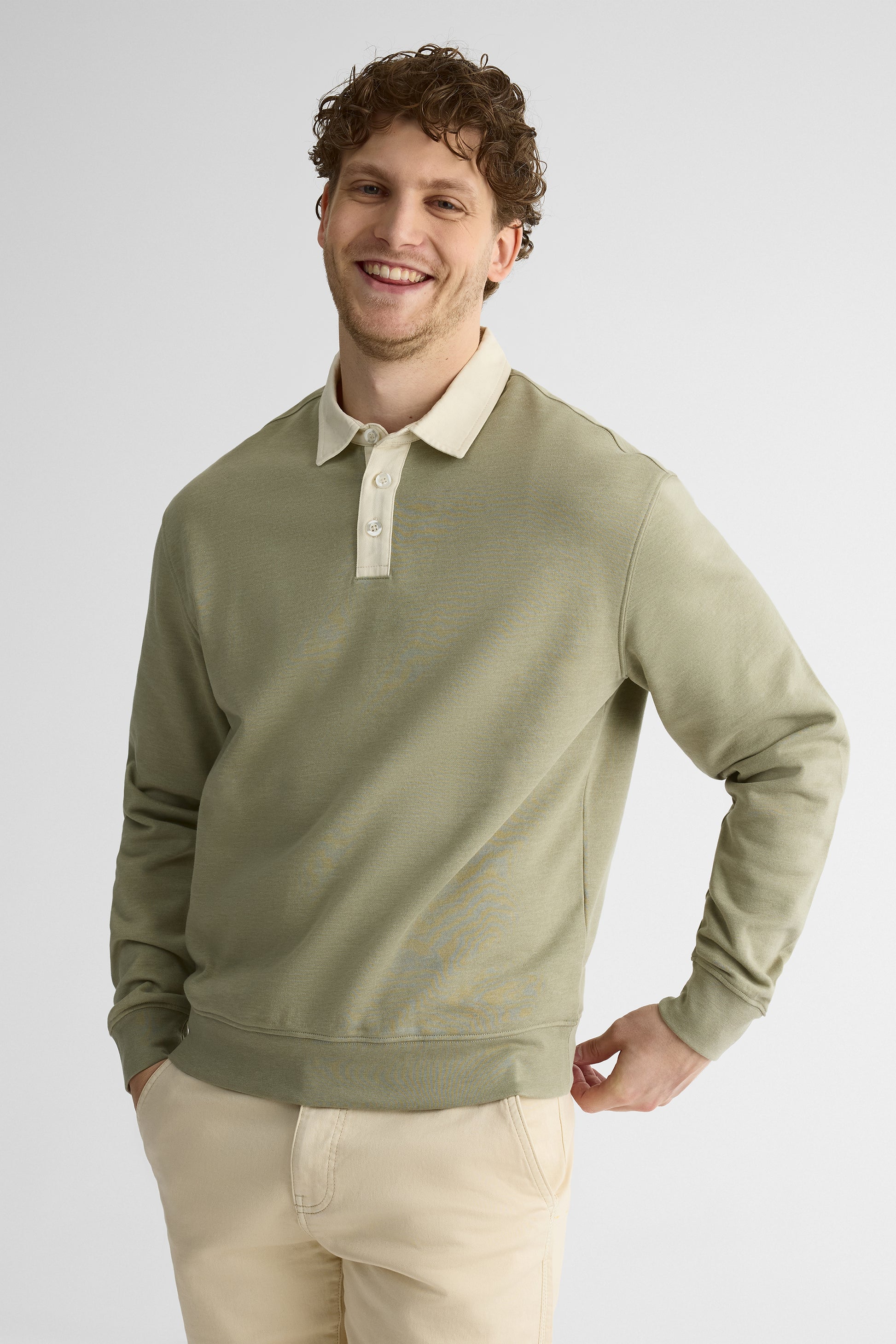 Chandail ouaté col polo manches longues - Homme && KAKI