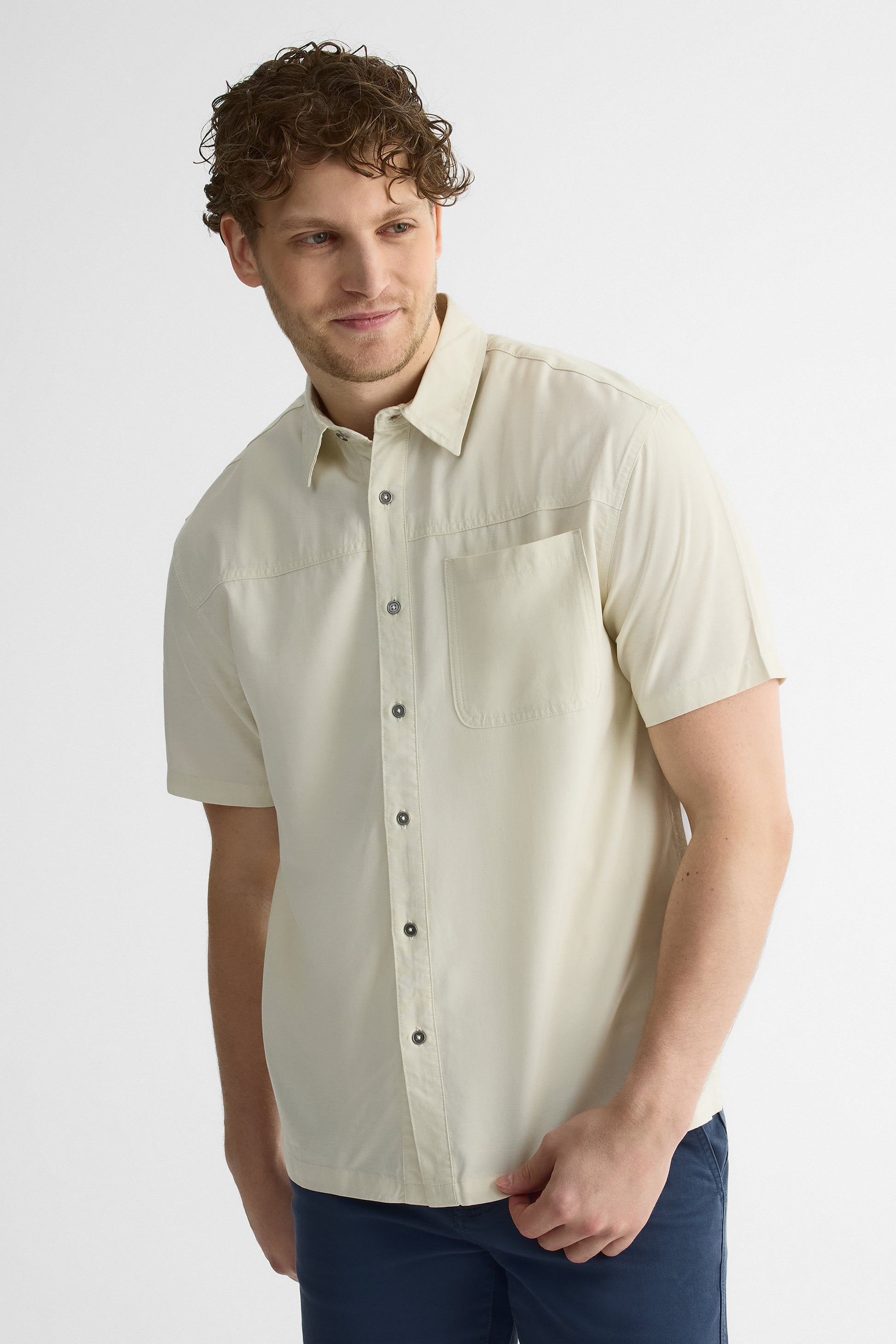 Chemise unie à manches courtes en slub - Homme && BEIGE