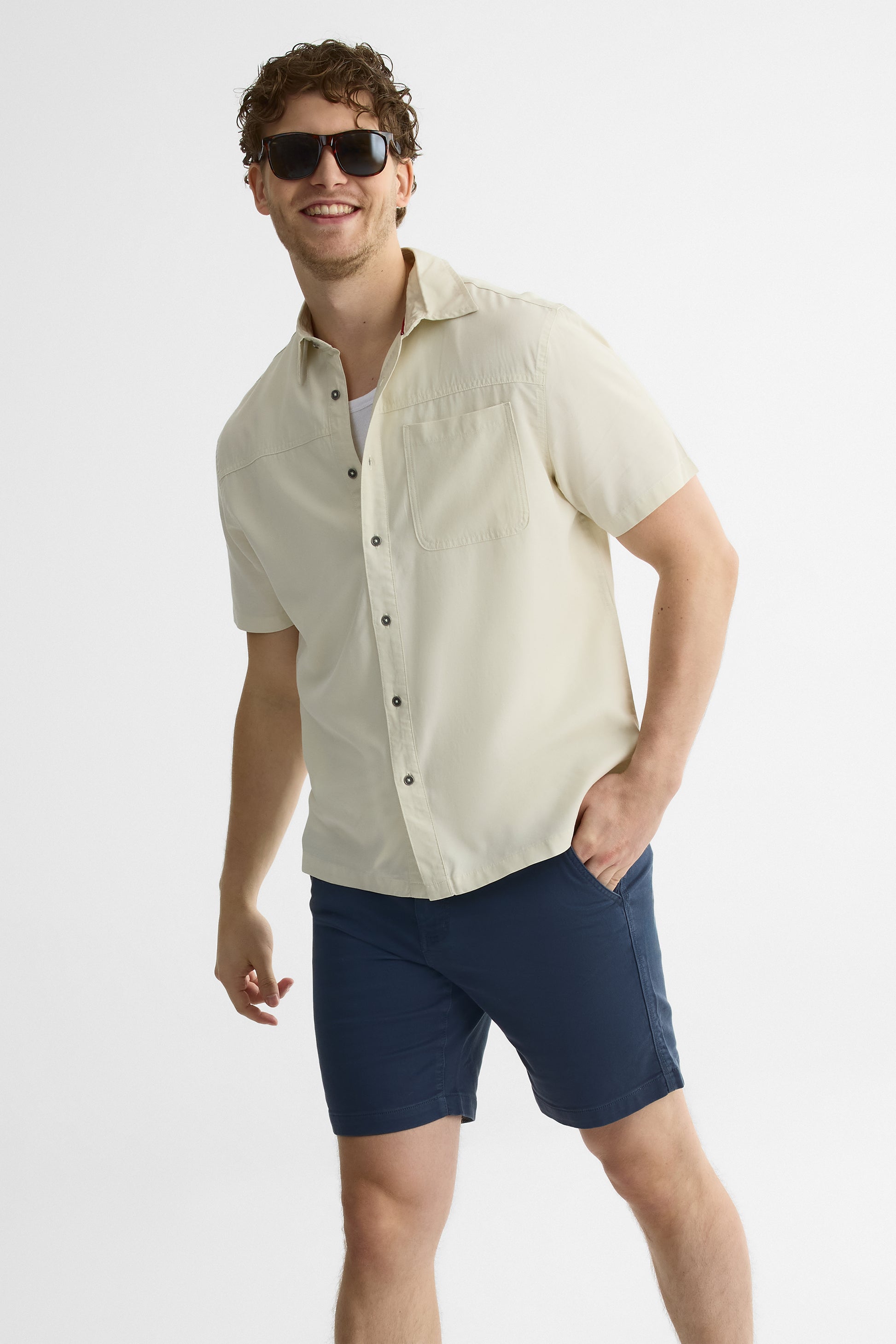 Chemise unie à manches courtes en slub - Homme && BEIGE