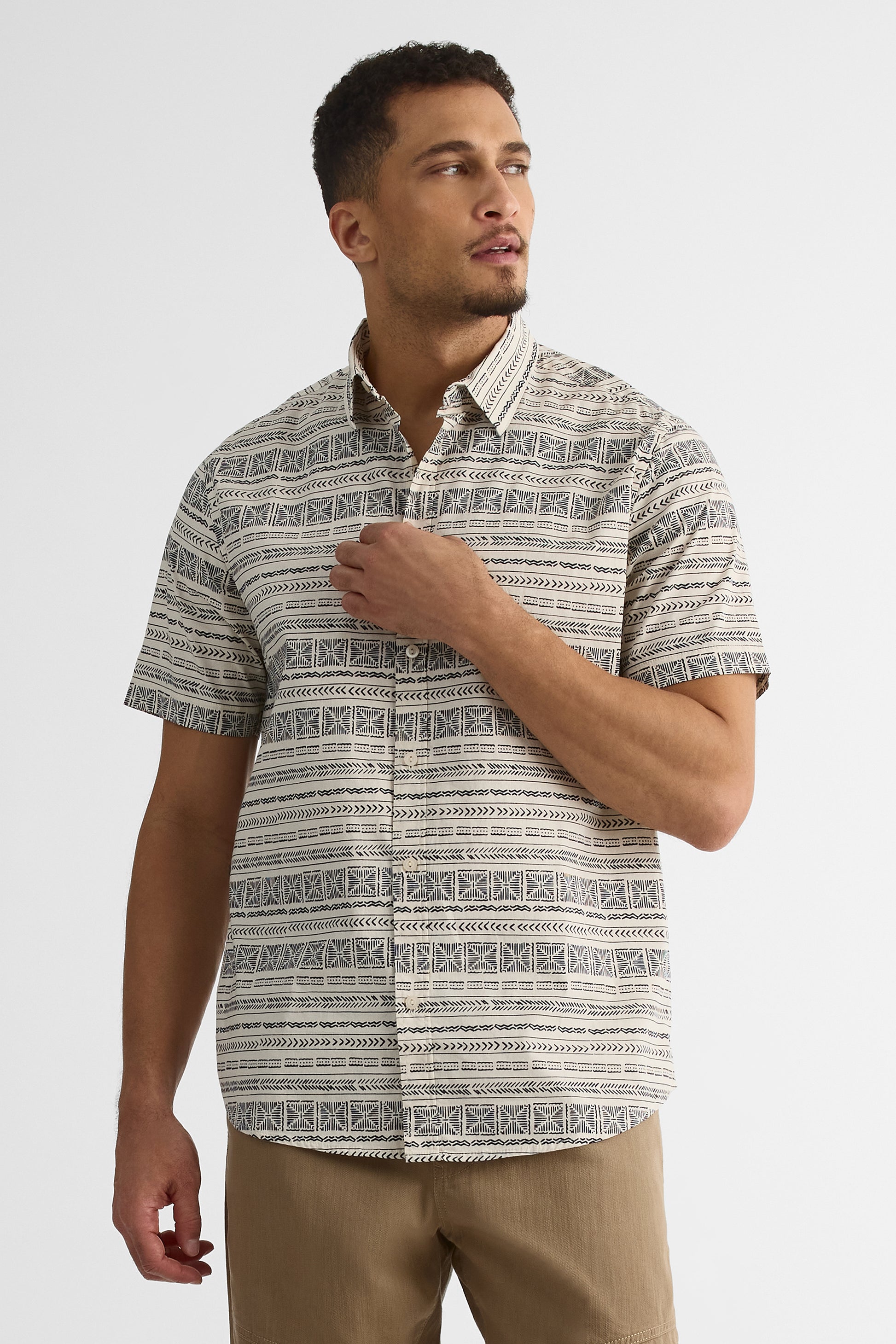 Chemise à motifs en stretch coton poplin - Homme && BEIGE/MULTI