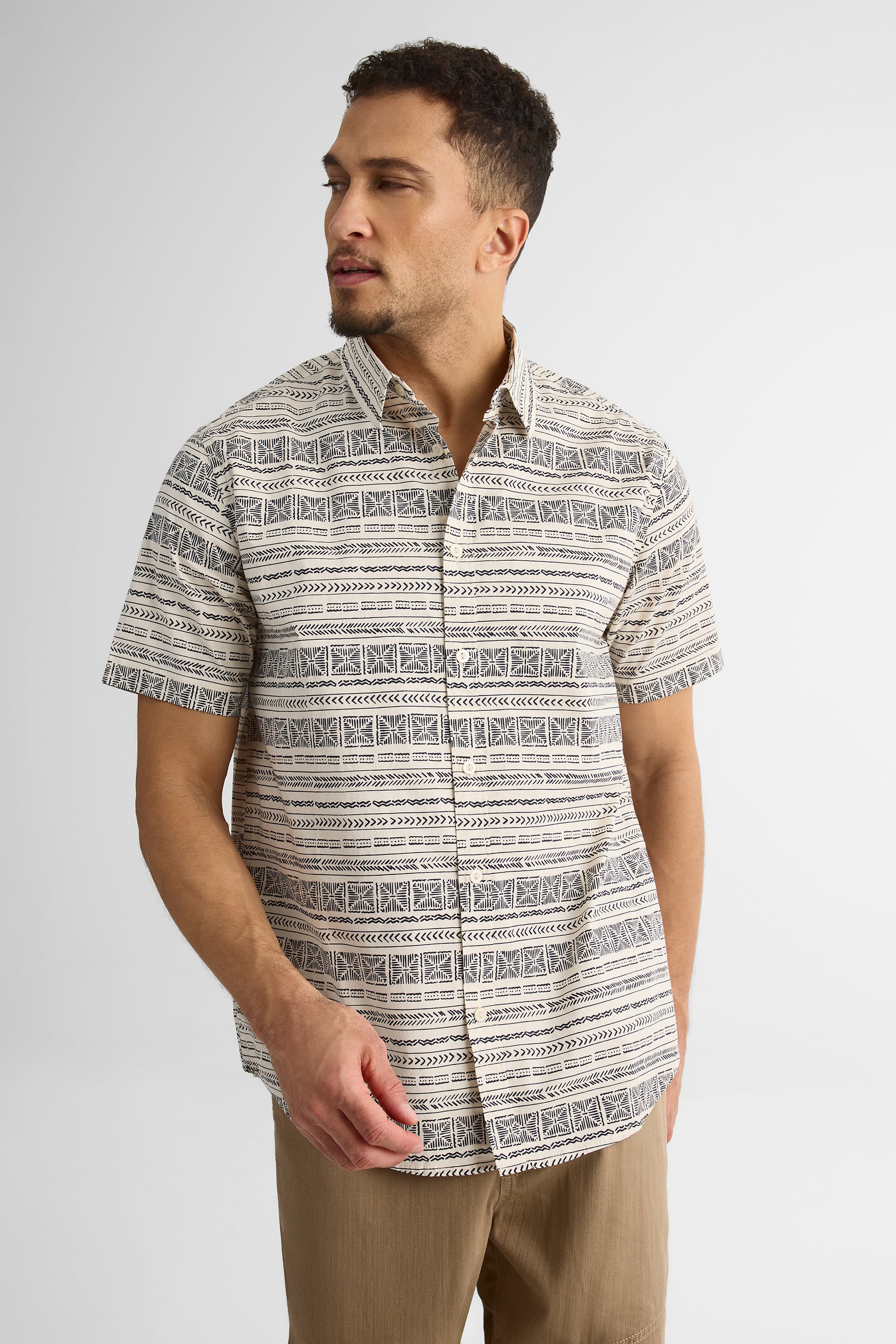 Chemise à motifs en stretch coton poplin - Homme && BEIGE/MULTI