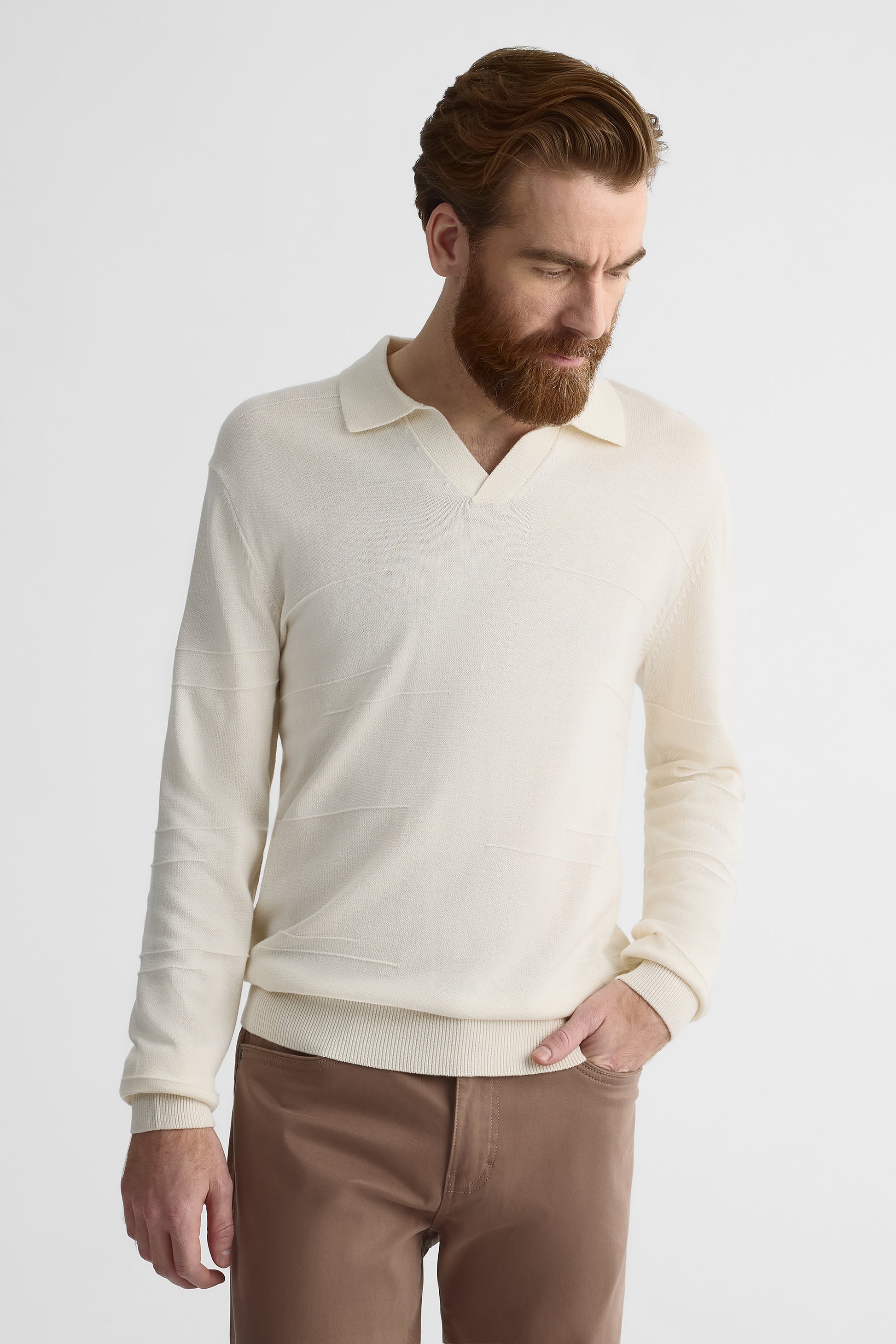 Chandail tricot manches longues col ouvert - Homme && BEIGE