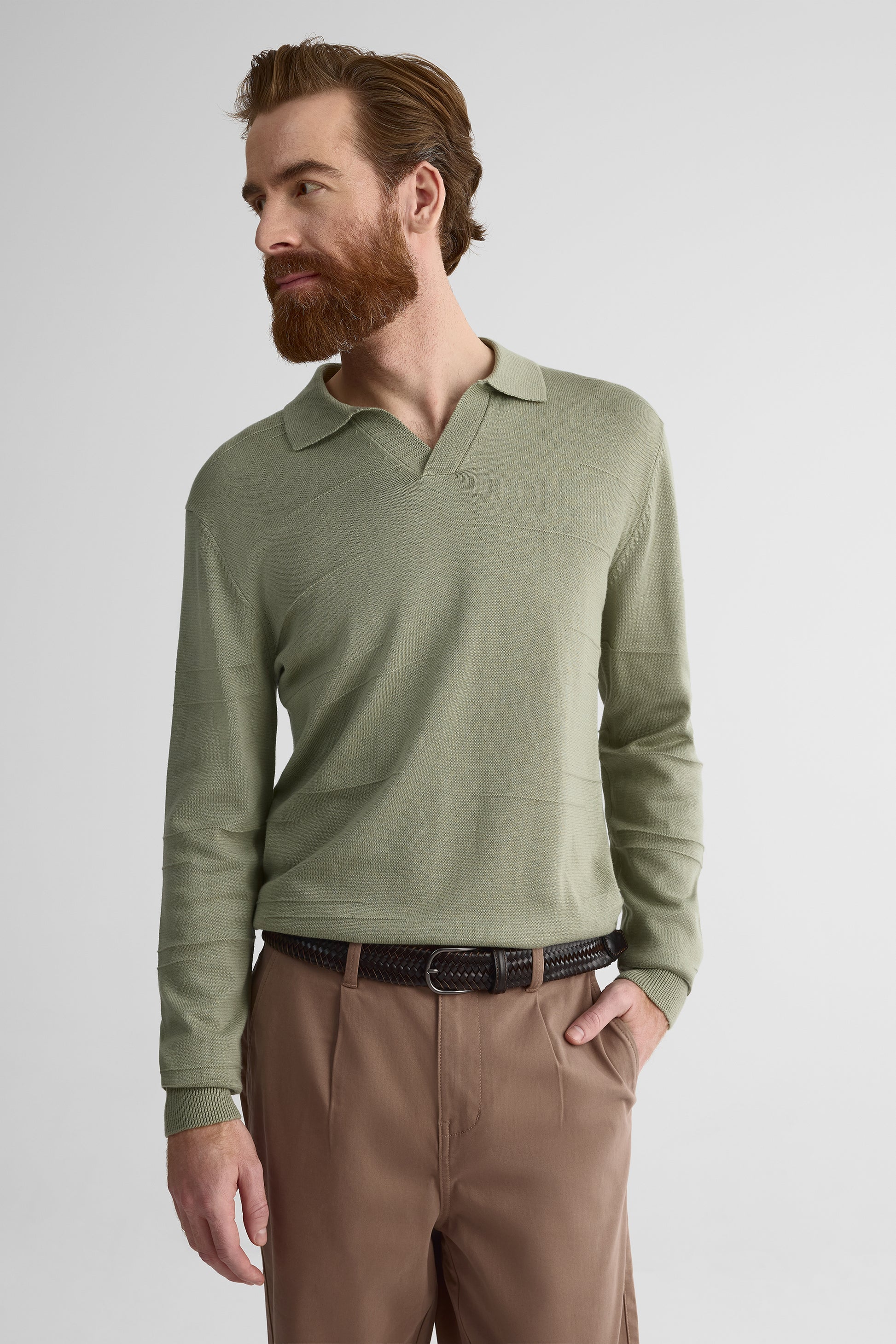 Chandail tricot manches longues col ouvert - Homme && KAKI