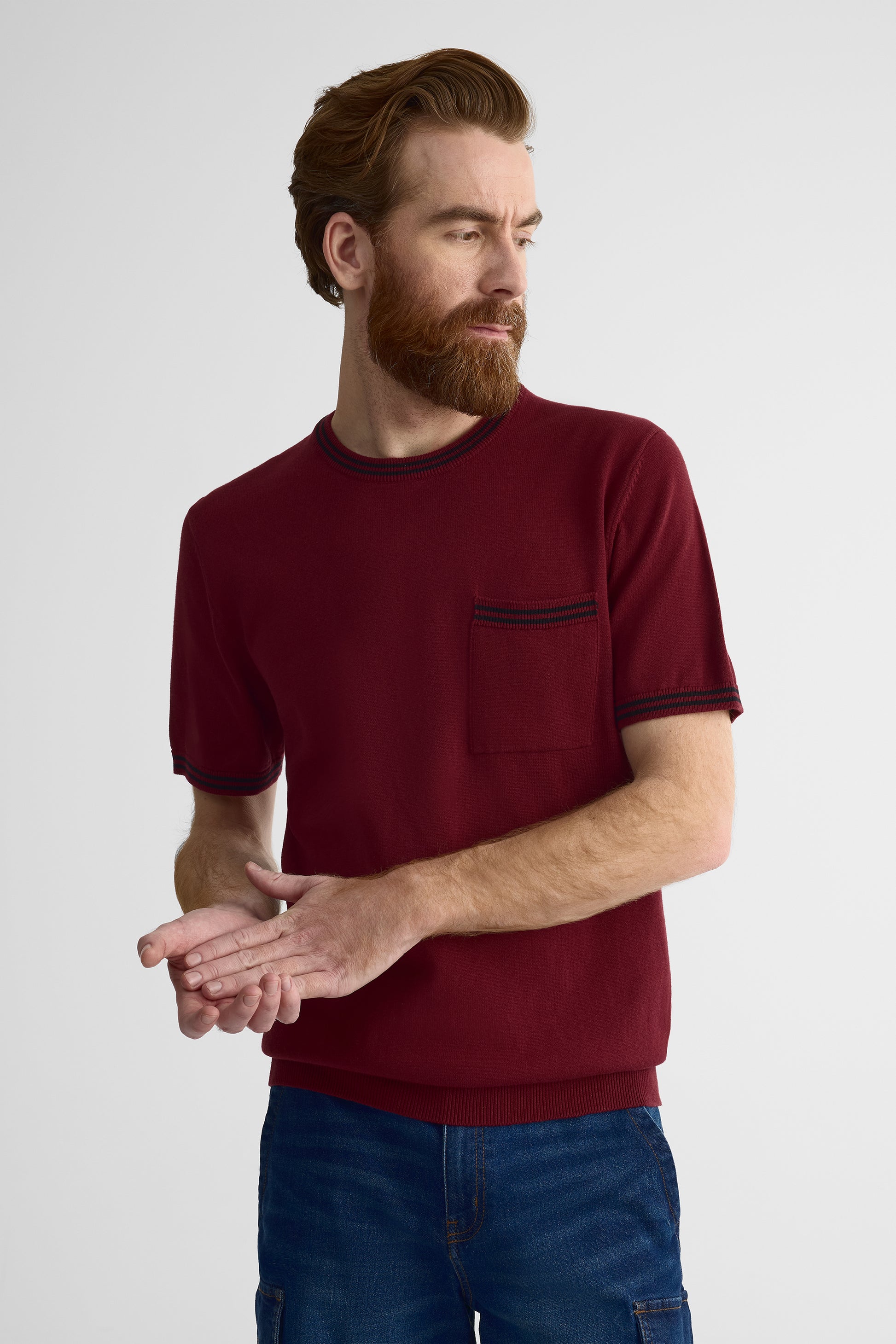 Chandail uni en coton, manches courtes - Homme && BOURGOGNE