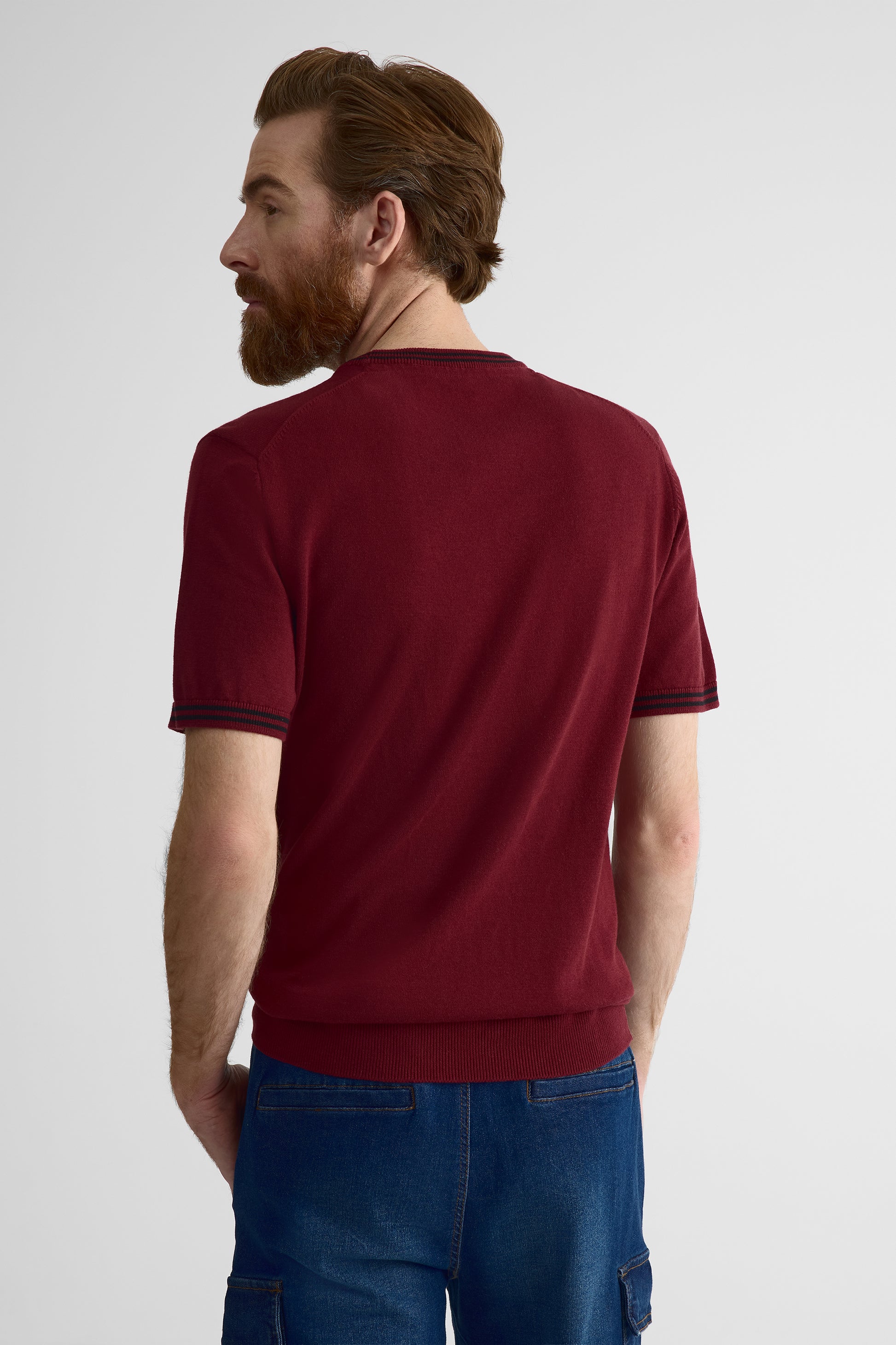 Chandail uni en coton, manches courtes - Homme && BOURGOGNE