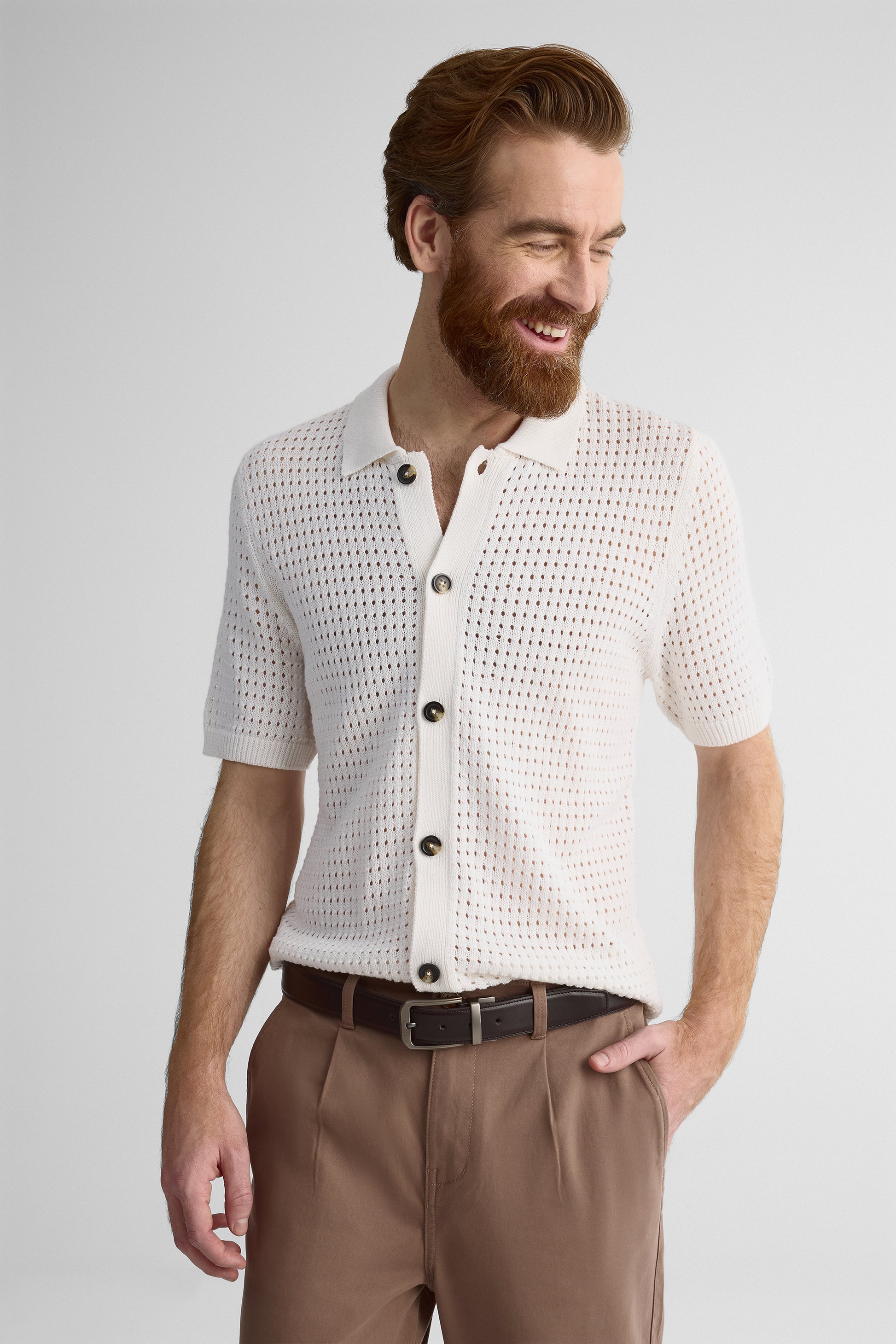 Veste tricot col polo manches courtes – Homme && BLANC