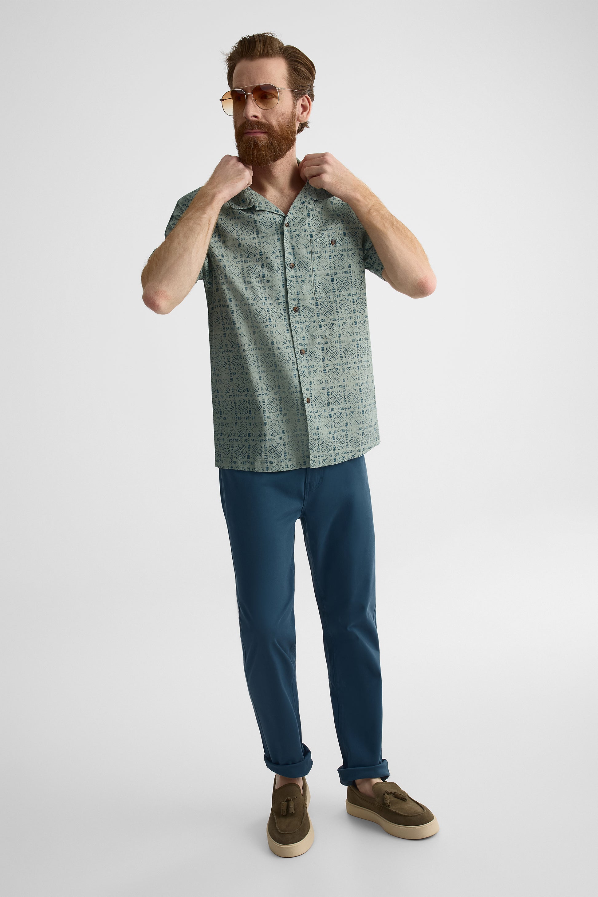 Chemise à motifs en lin slub – Homme && KAKI/MULTI
